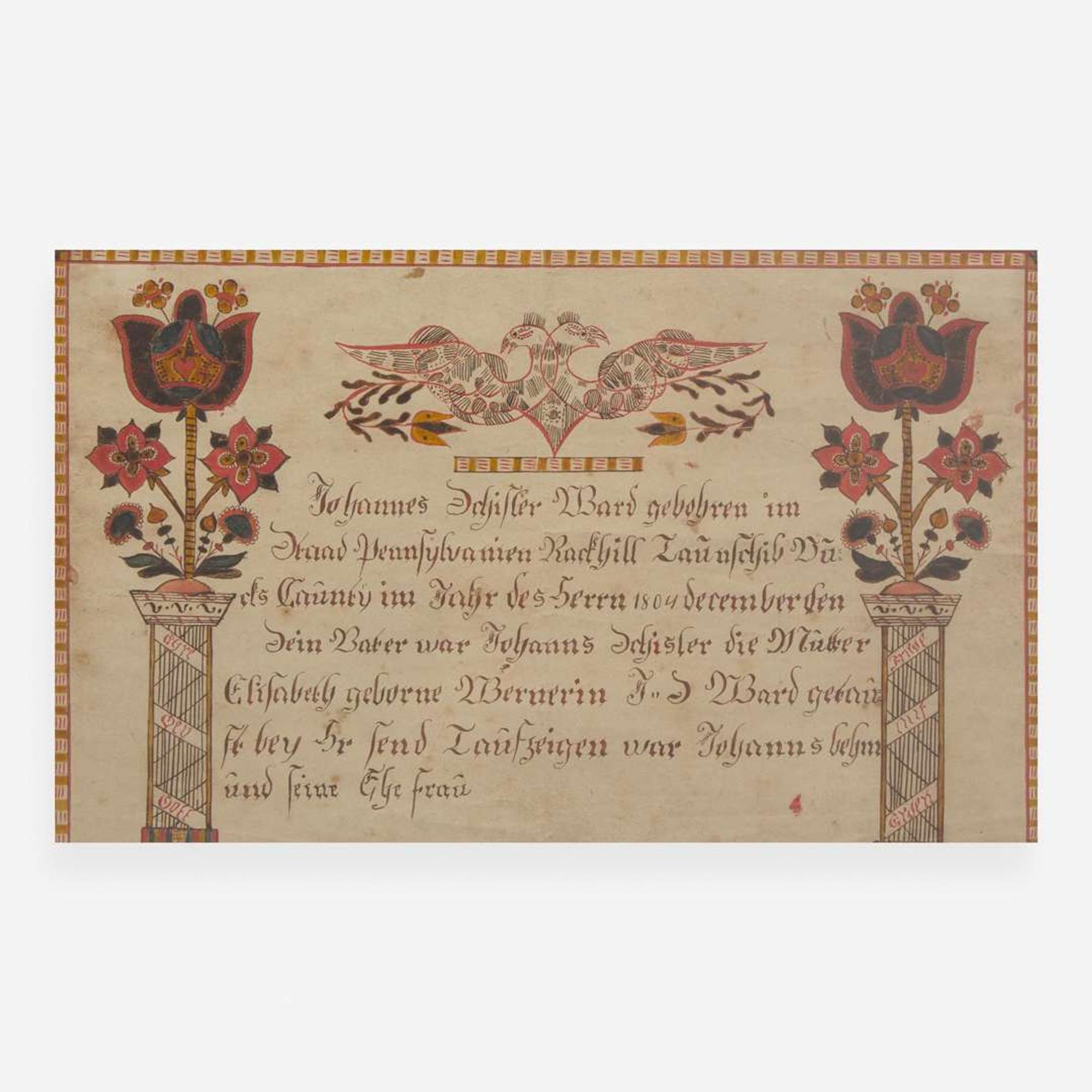 Attributed to Bernard Mission (active 1808-1825) A Fraktur birth record for Johannes Schisler, dated "1804"