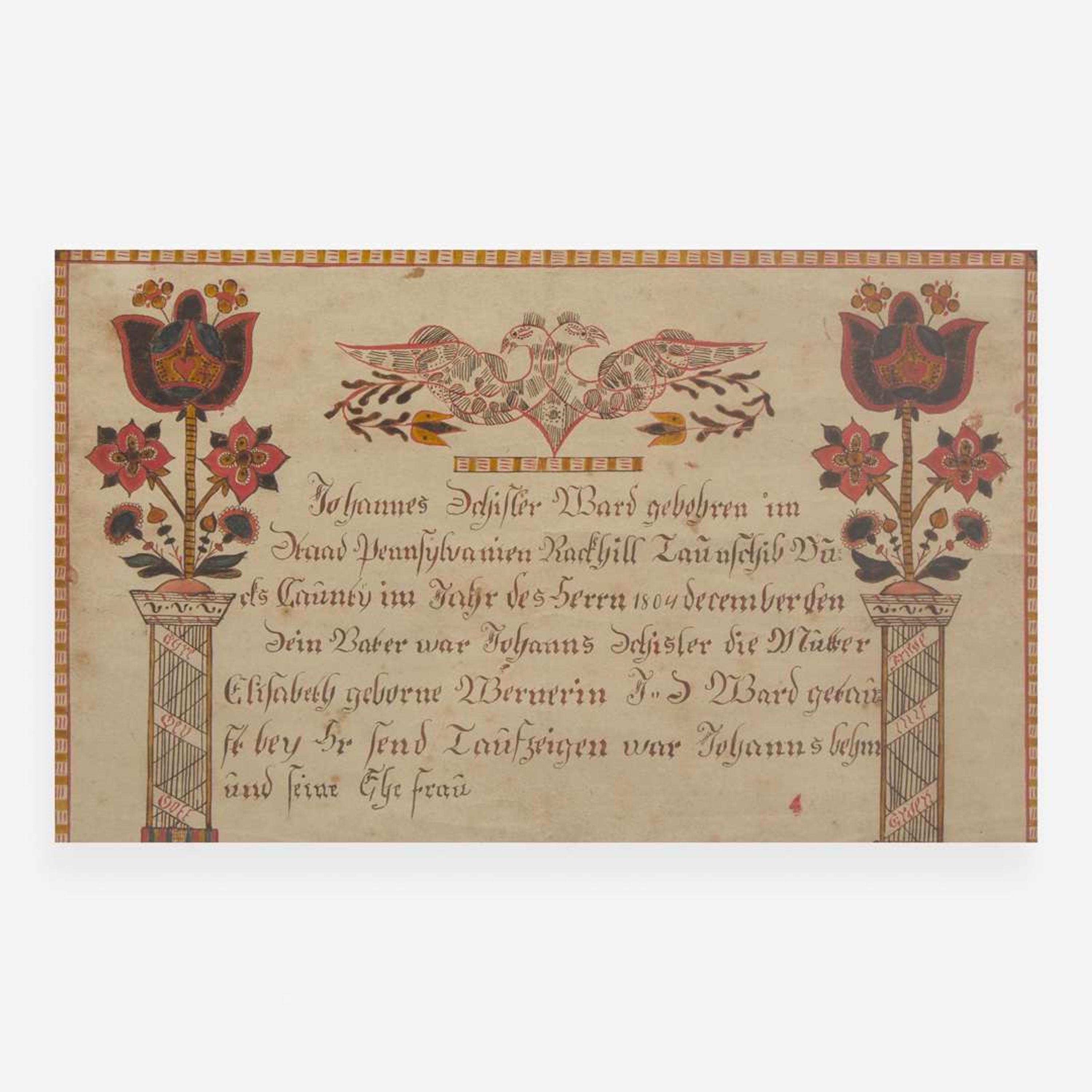 Attributed to Bernard Mission (active 1808-1825) A Fraktur birth record for Johannes Schisler, dated "1804"