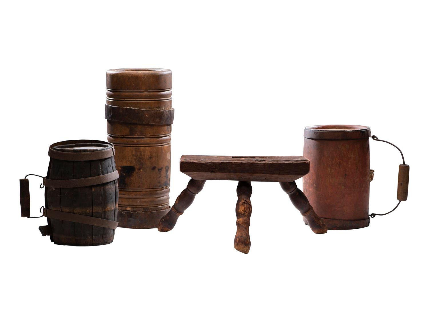 [AMERICANA]. 4 items fashioned in wood, incl. canteens & a footstool. Ca 18th-19th century.