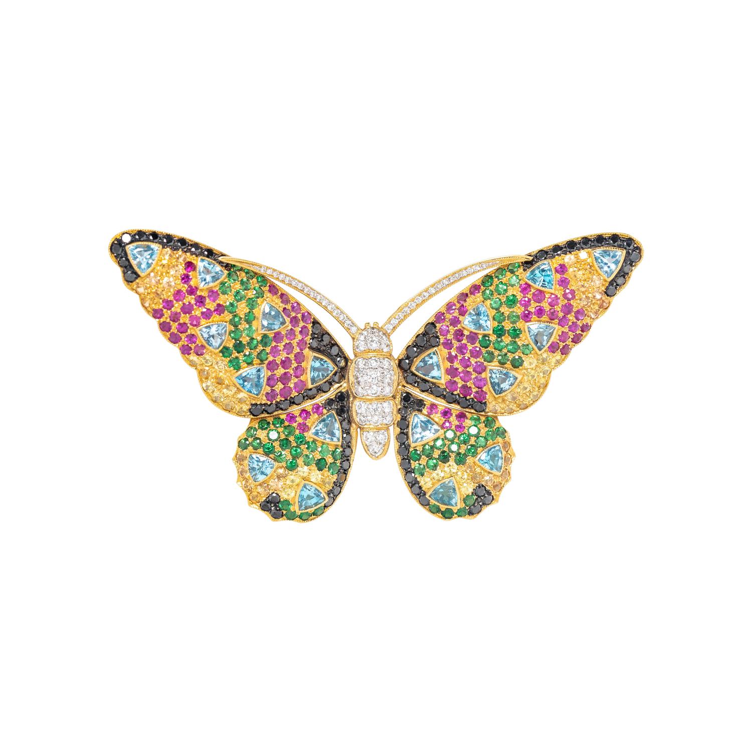 FREI, YELLOW GOLD AND MULTIGEM BUTTERFLY BROOCH