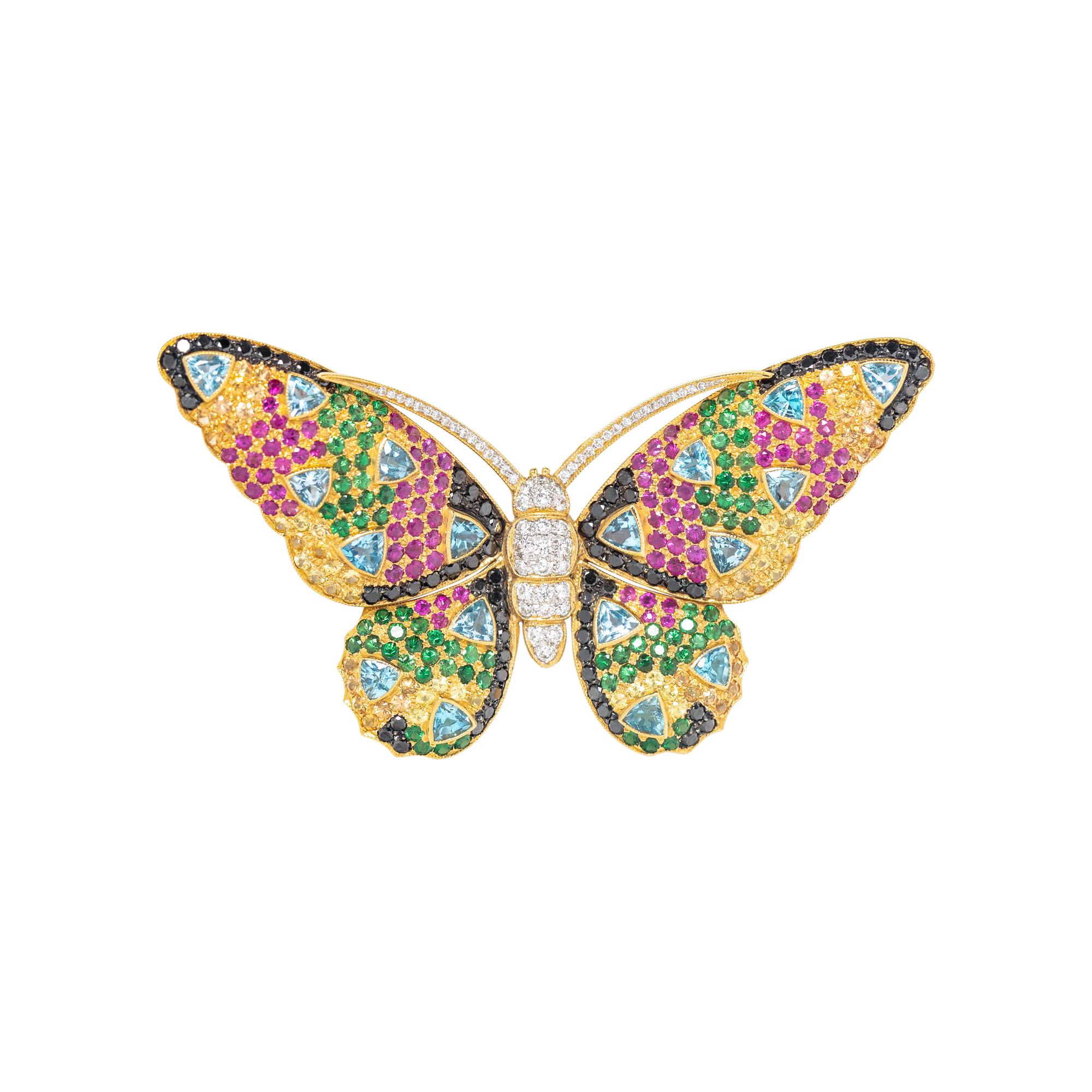FREI, YELLOW GOLD AND MULTIGEM BUTTERFLY BROOCH