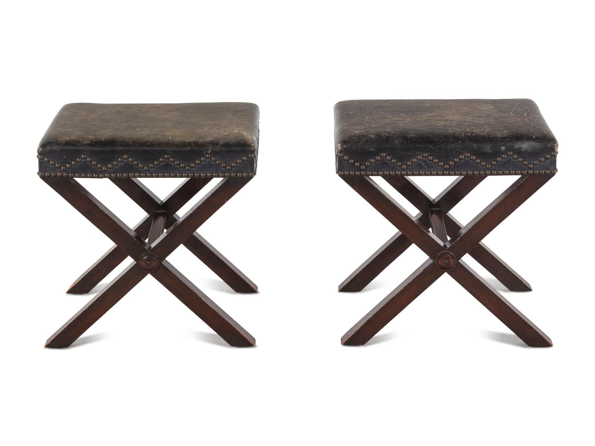 A Pair of Leather-Upholstered and Nailhead-Decorated X-Form Stools