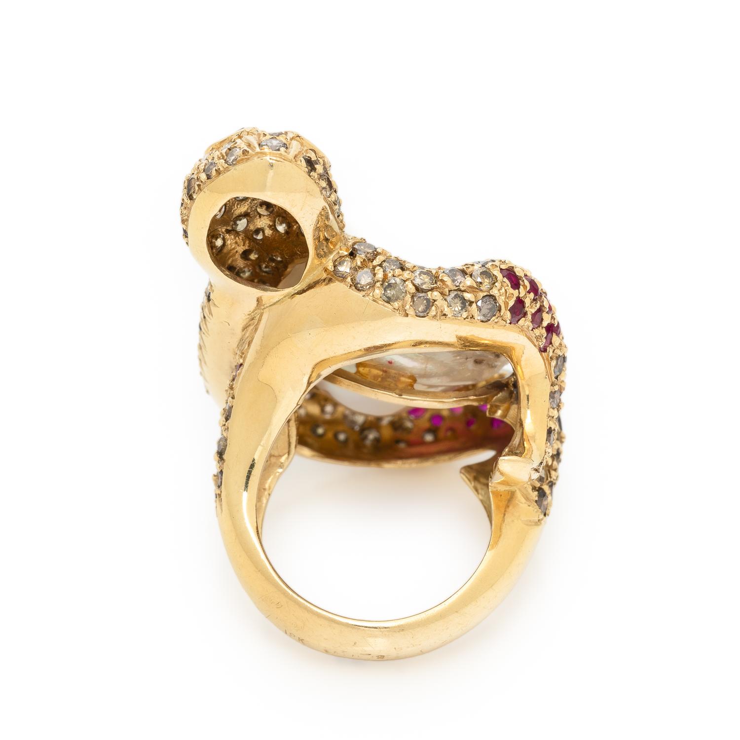 SAZINGG, RUBY, COLORED DIAMOND, BAROQUE CULTURED PEARL, AND YELLOW GOLD SNAKE RING