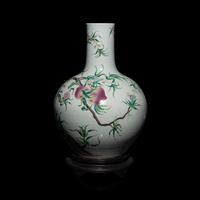 A Large Chinese Famille Rose Porcelain 'Nine Peaches' Tianqiuping Vase, Late Qing Dynasty — 清晚期 粉彩九桃大天球瓶