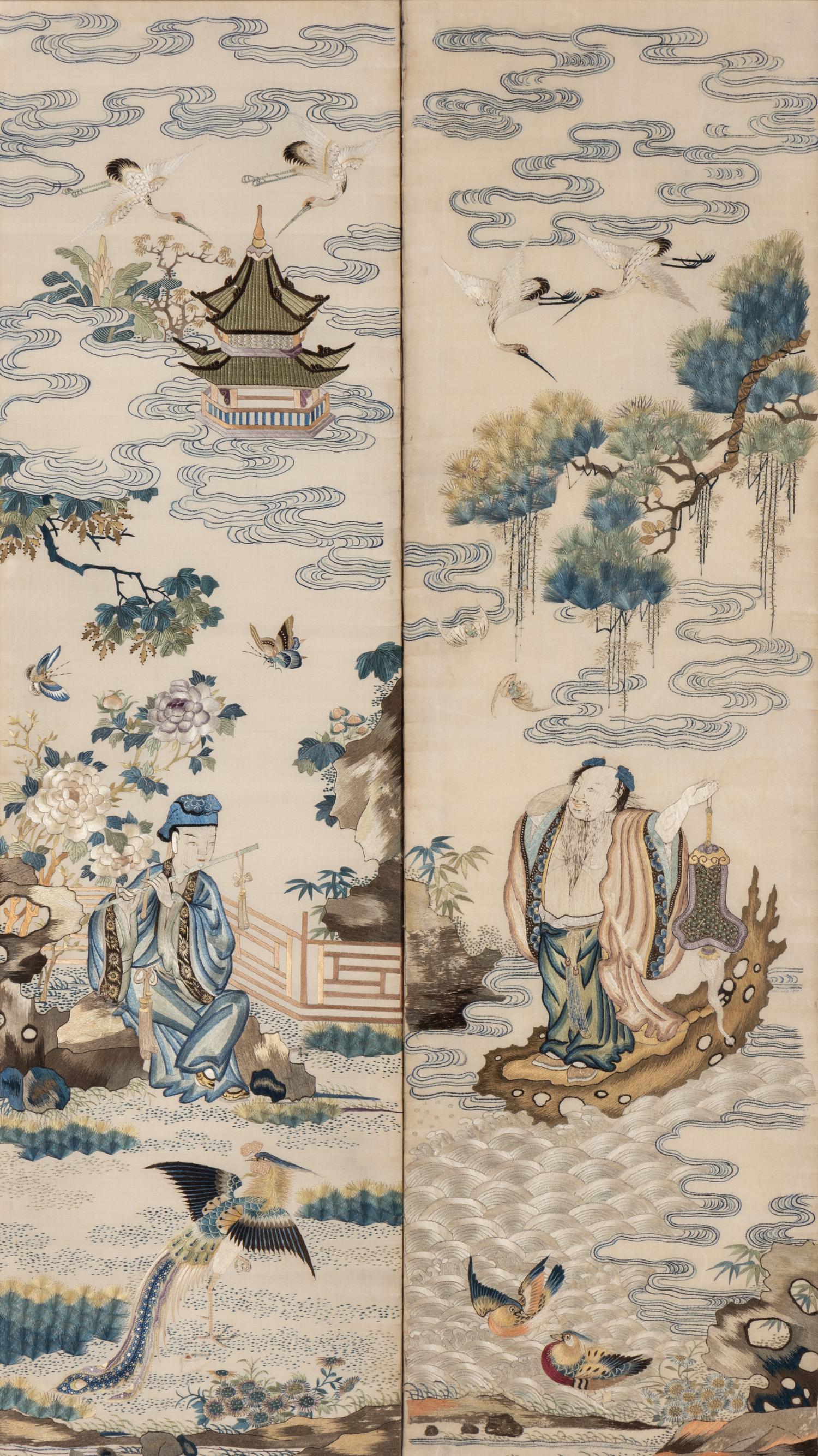 A Chinese Canton Style Embroidered 'Immortals' Five Paneled Screen, 19th Century 清晚期 粵綉祝壽圖五扇屏