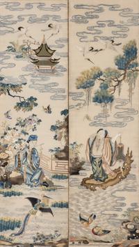A Chinese Canton Style Embroidered 'Immortals' Five Paneled Screen, 19th Century 清晚期 粵綉祝壽圖五扇屏