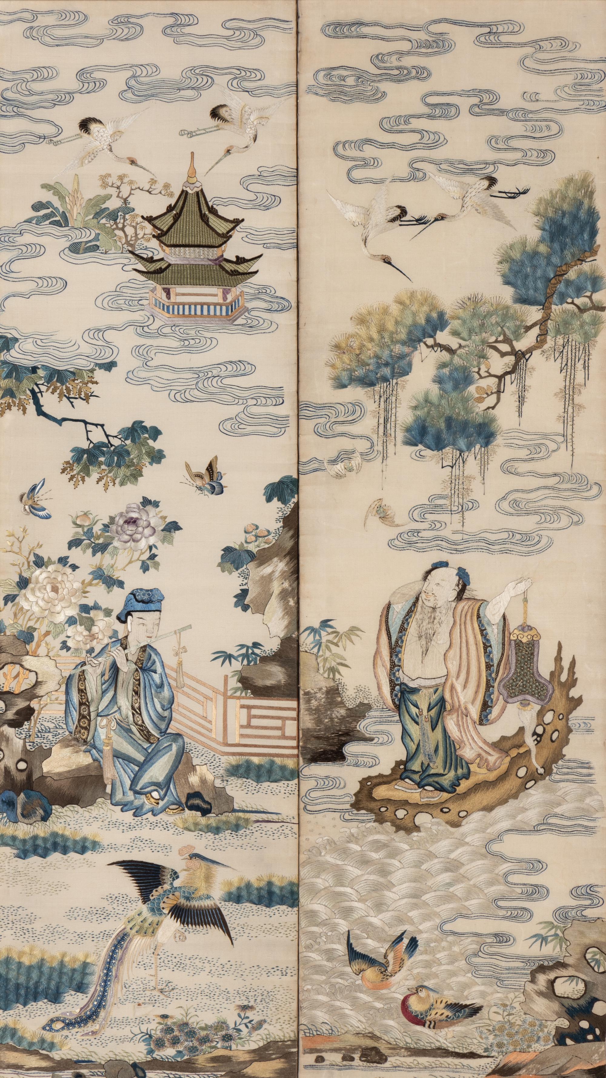 A Chinese Canton Style Embroidered 'Immortals' Five Paneled Screen, 19th Century 清晚期 粵綉祝壽圖五扇屏