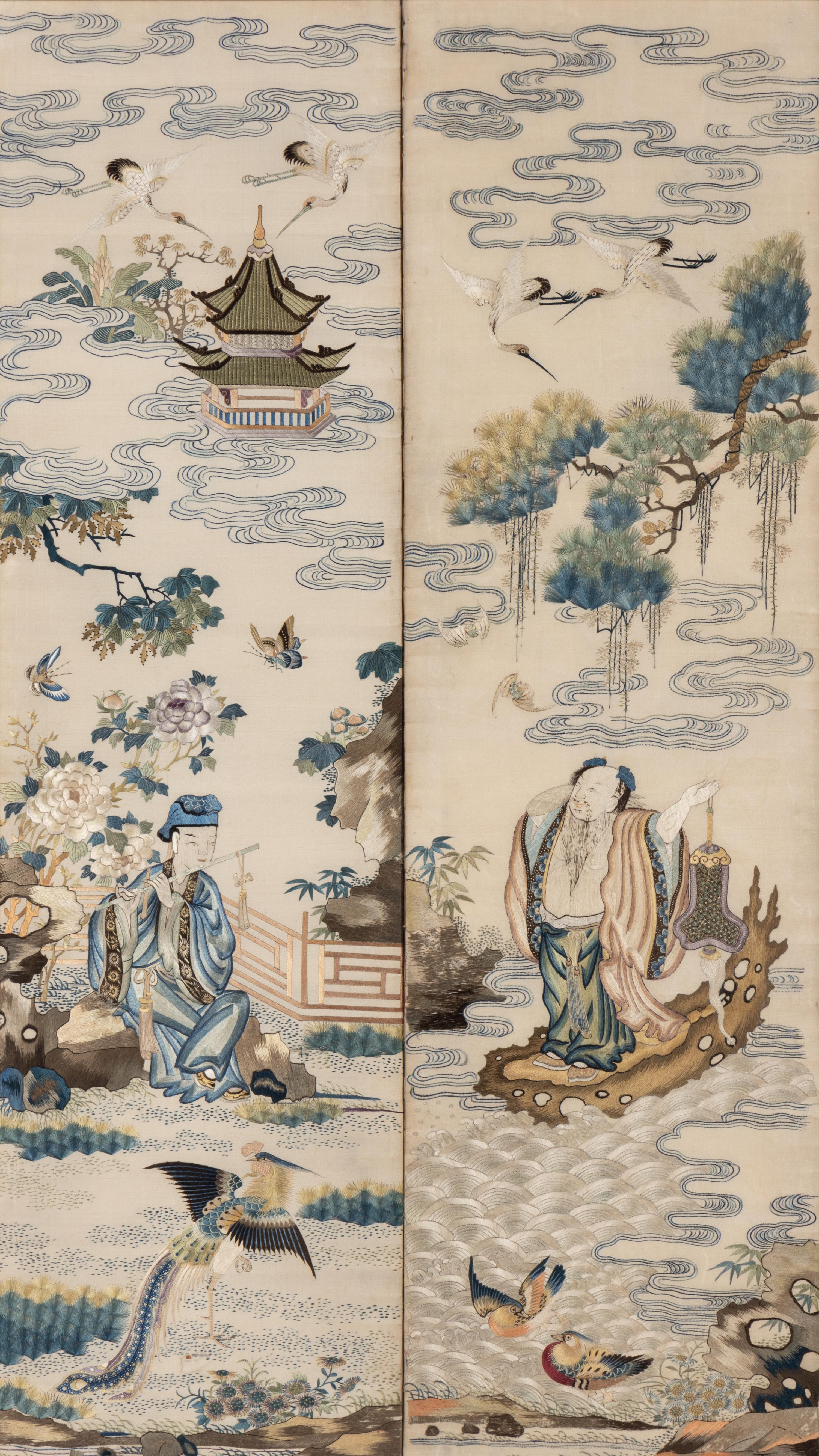 A Chinese Canton Style Embroidered 'Immortals' Five Paneled Screen, 19th Century 清晚期 粵綉祝壽圖五扇屏