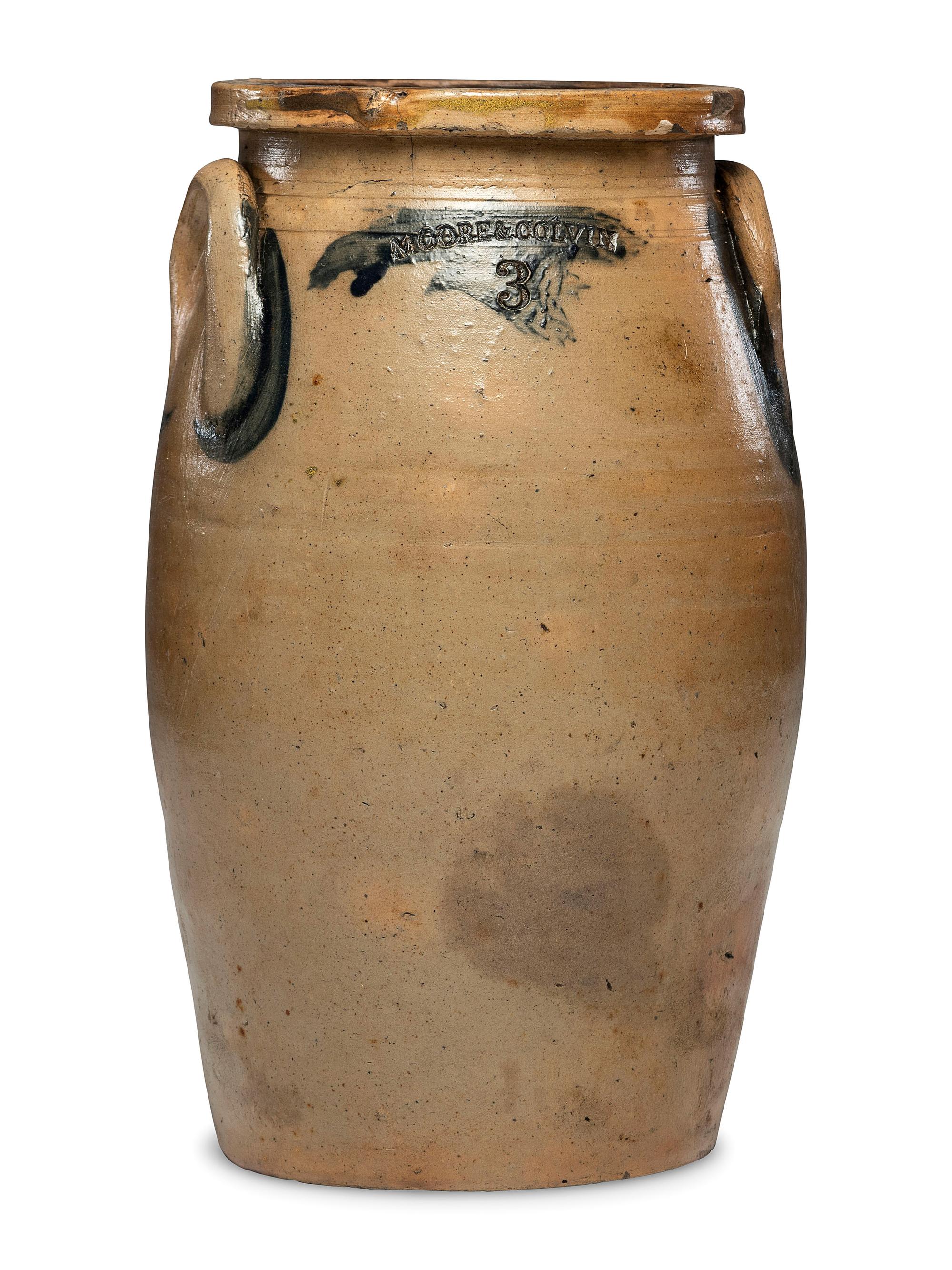 A Moore and Colvin Three-Gallon Ovoid Stoneware Crock