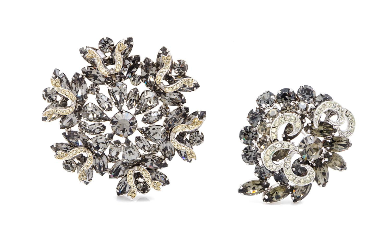 Two Weiss Silvertone Grey Rhinestone Brooches.
