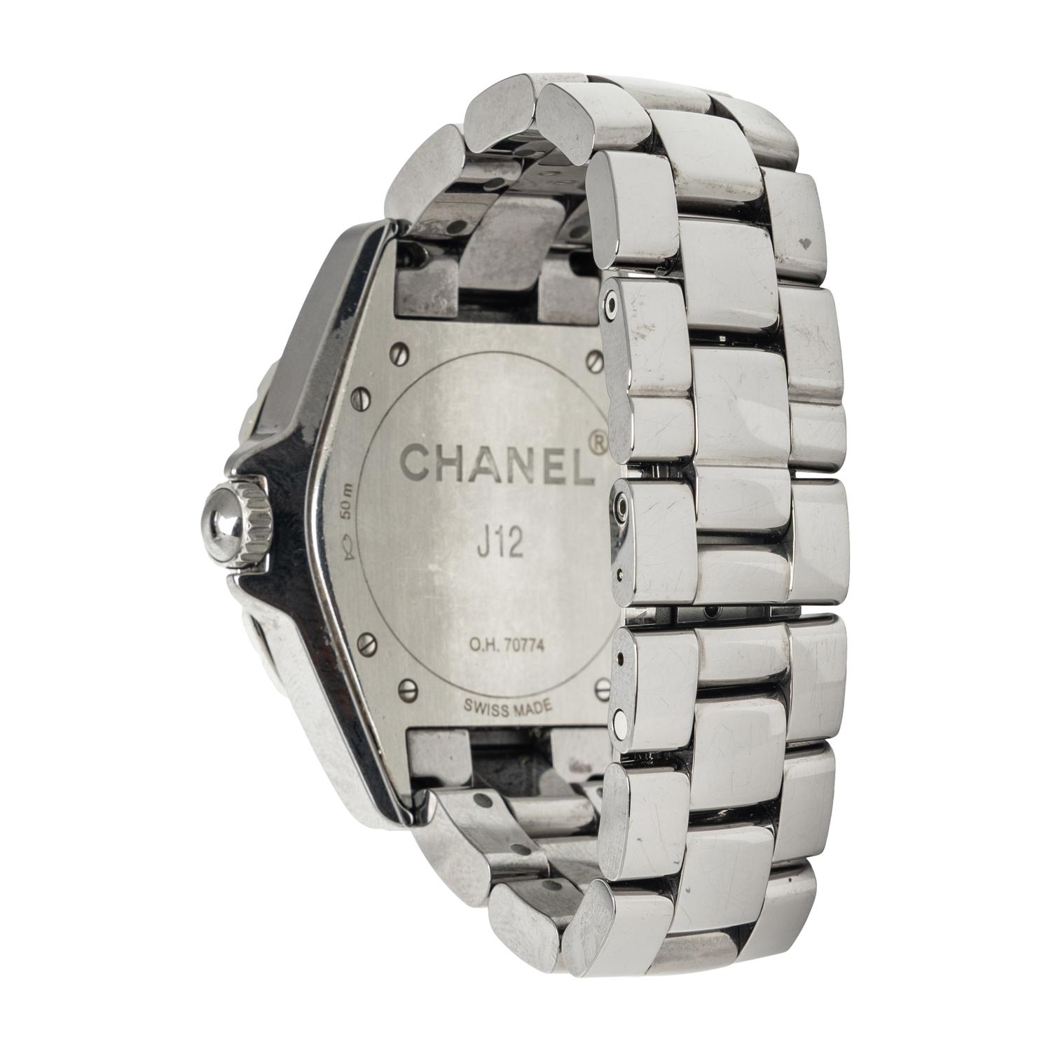 CHANEL, 'J12' CERAMIC AND DIAMOND WATCH, BOX & EXTRA LINKS