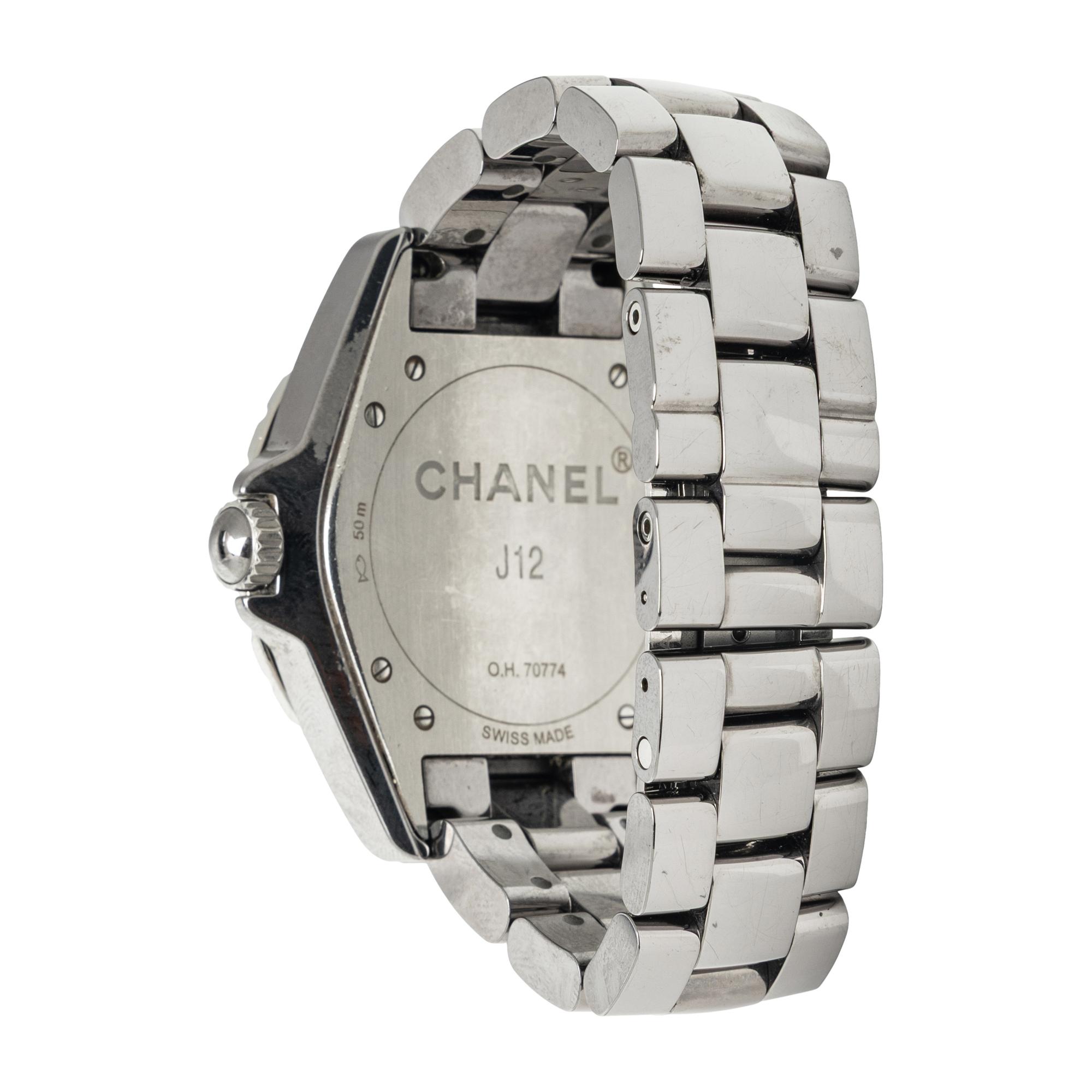 CHANEL, 'J12' CERAMIC AND DIAMOND WATCH, BOX & EXTRA LINKS