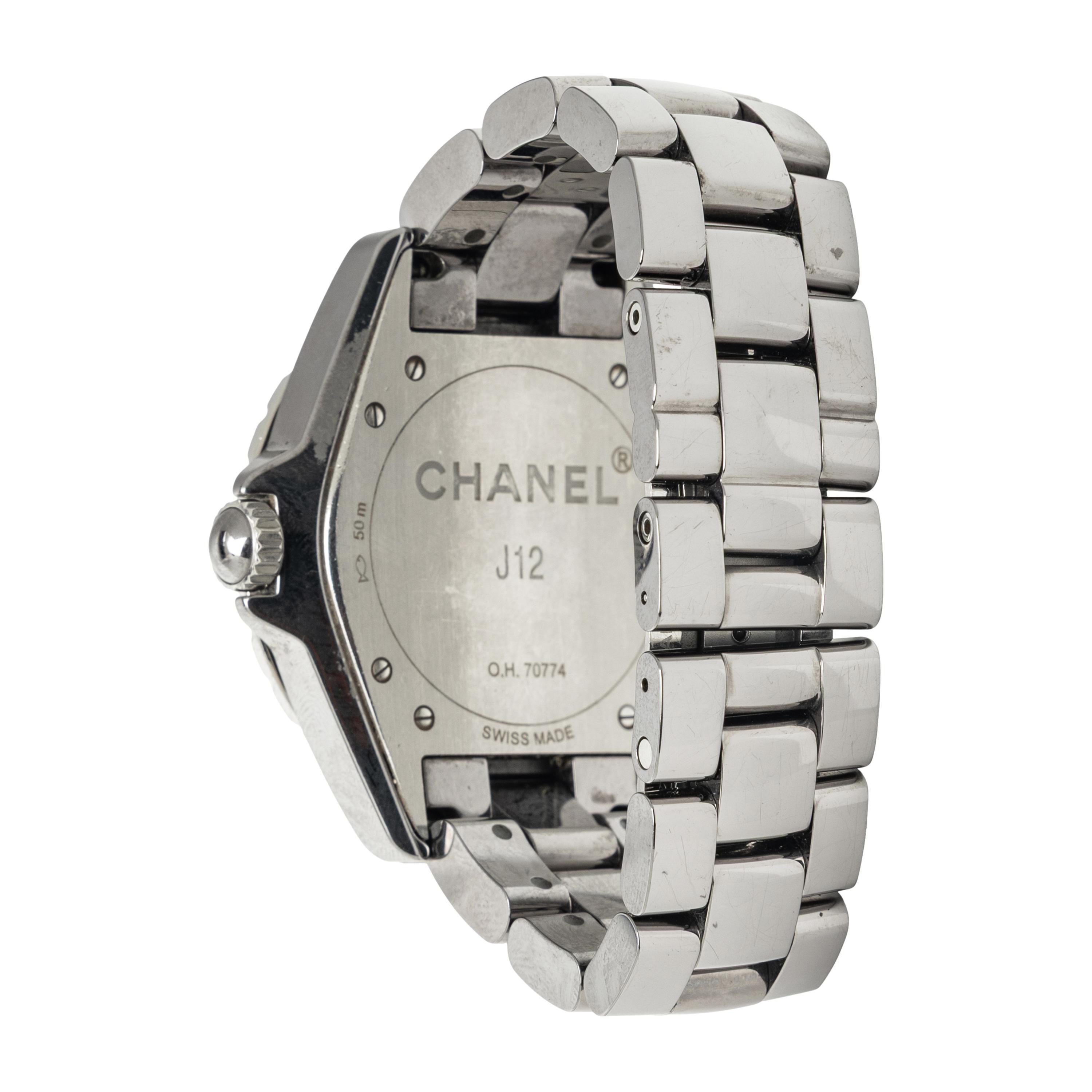 CHANEL, 'J12' CERAMIC AND DIAMOND WATCH, BOX & EXTRA LINKS