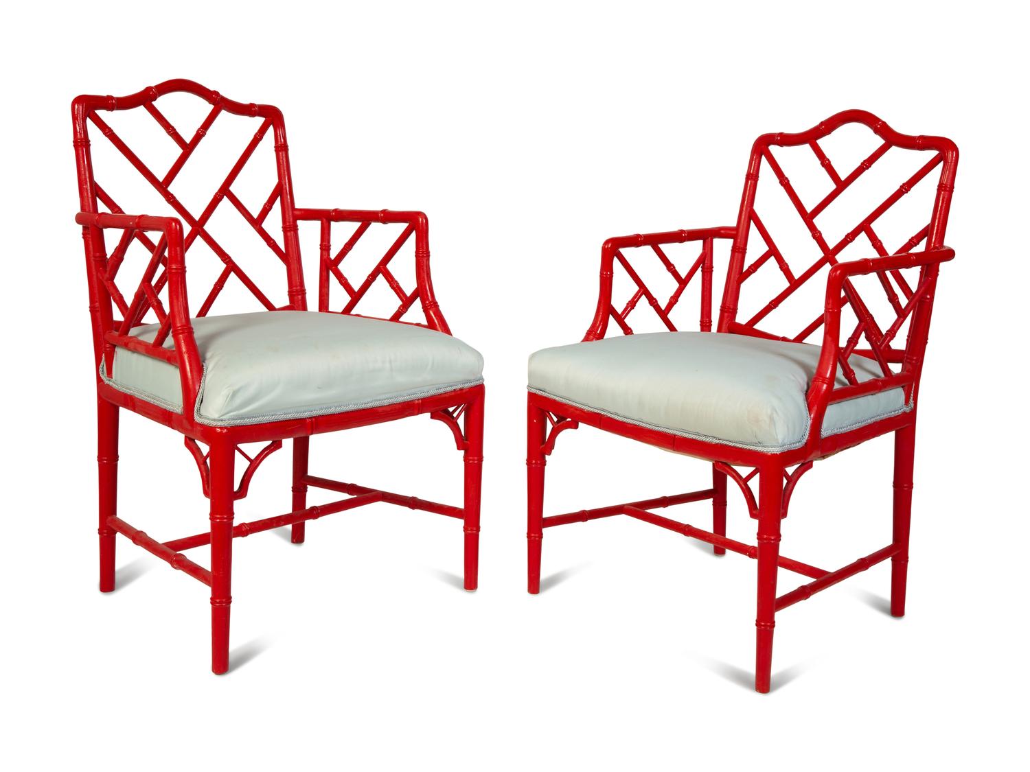 A Pair of Chinese Chippendale Style Red Lacquer Armchairs — 20TH CENTURY