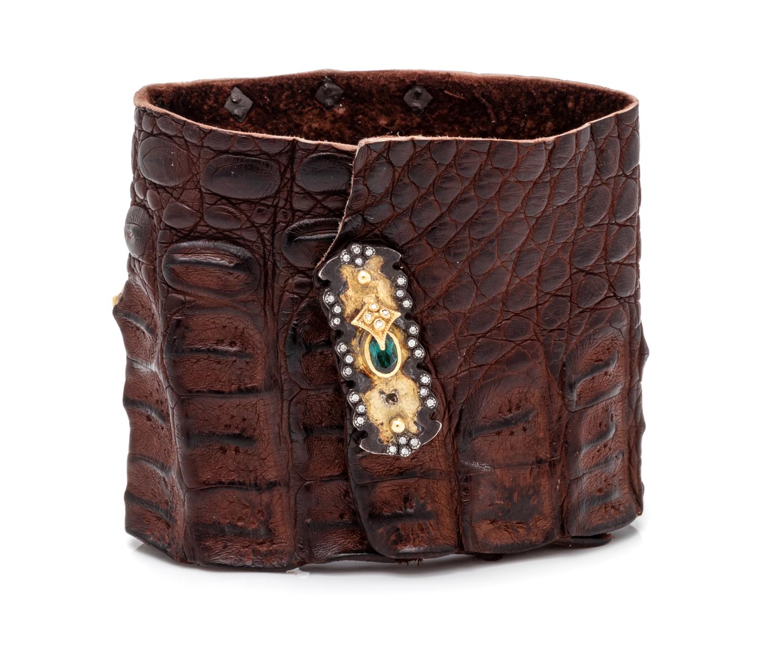 A Yellow Gold, Blackened Silver, Green Tourmaline, Diamond, Black Diamond and Alligator Cuff Bracelet, Armenta,