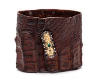 A Yellow Gold, Blackened Silver, Green Tourmaline, Diamond, Black Diamond and Alligator Cuff Bracelet, Armenta,