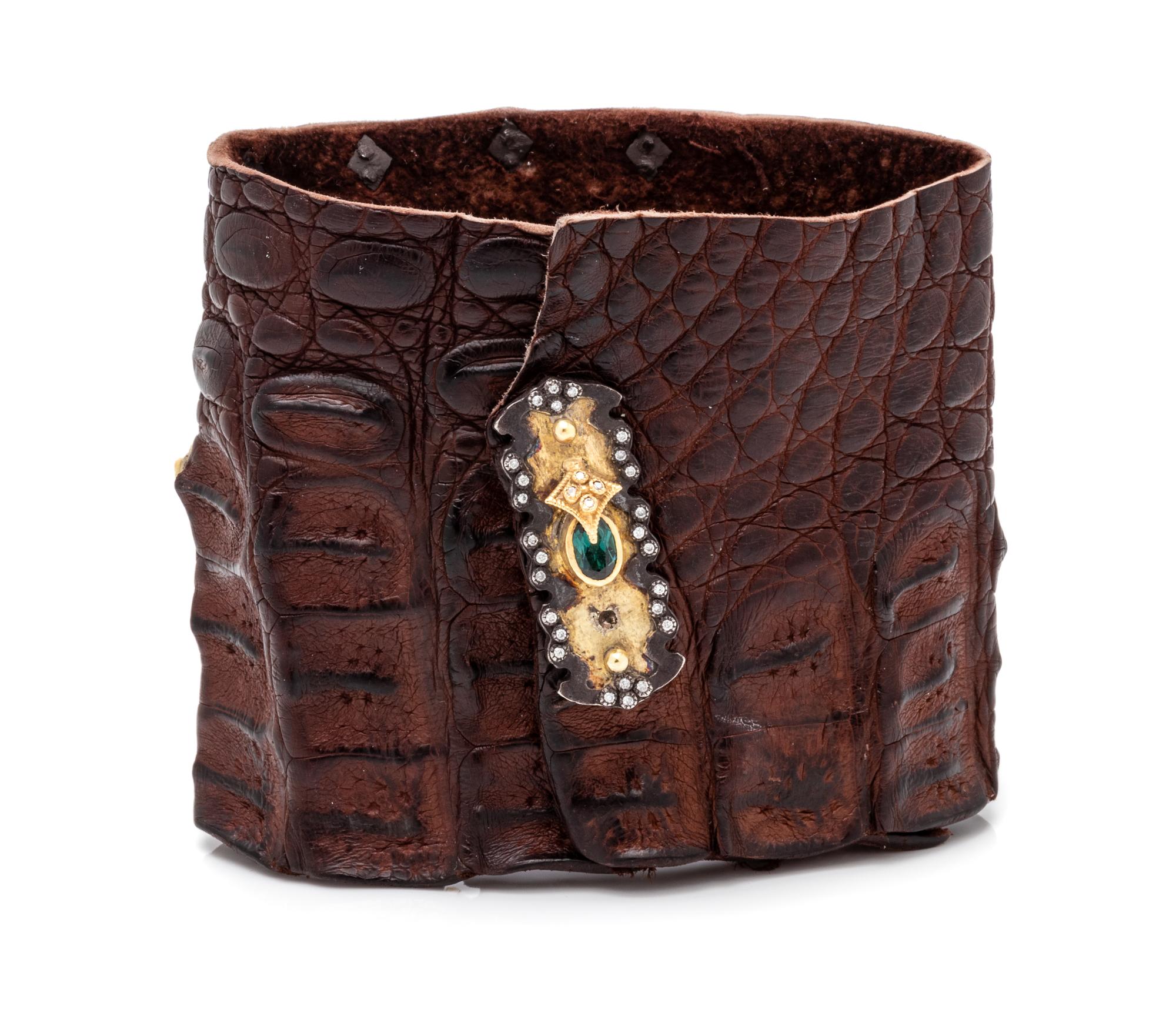 A Yellow Gold, Blackened Silver, Green Tourmaline, Diamond, Black Diamond and Alligator Cuff Bracelet, Armenta,