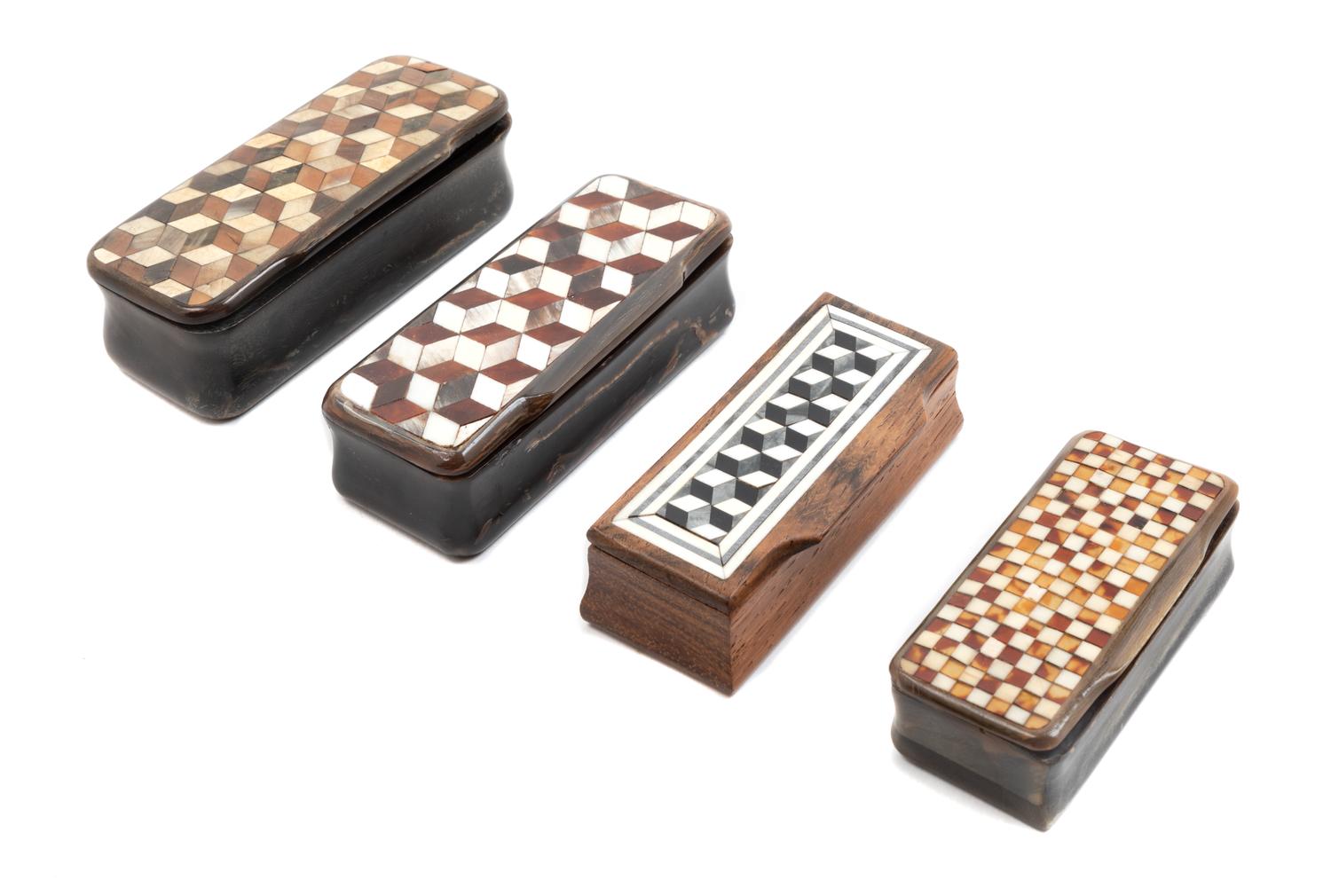 A Group of Three Carved Horn and Parquetry Snuff Boxes