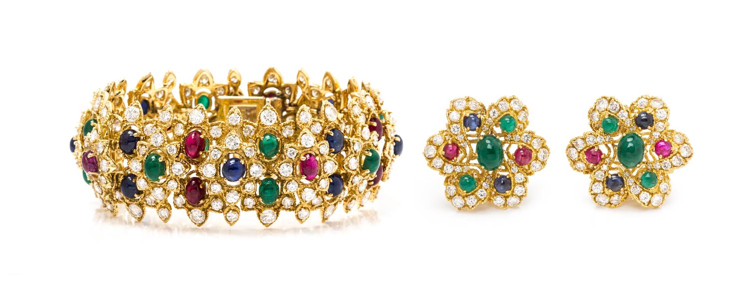 An 18 Karat Yellow Gold, Diamond and Multigem Demi Parure, 68.70 dwts.