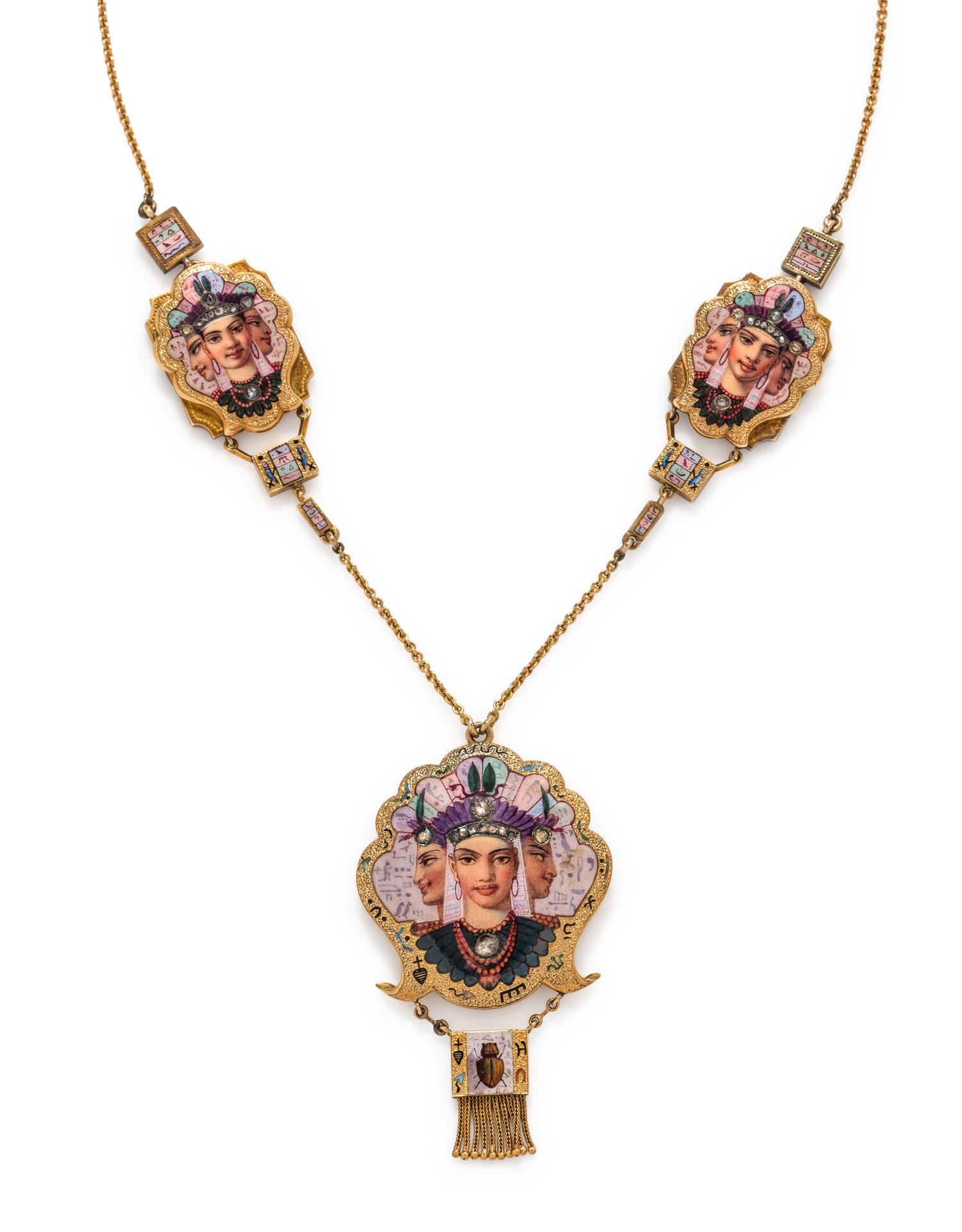 EGYPTIAN REVIVAL, YELLOW GOLD, ENAMEL AND DIAMOND NECKLACE