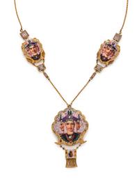EGYPTIAN REVIVAL, YELLOW GOLD, ENAMEL AND DIAMOND NECKLACE