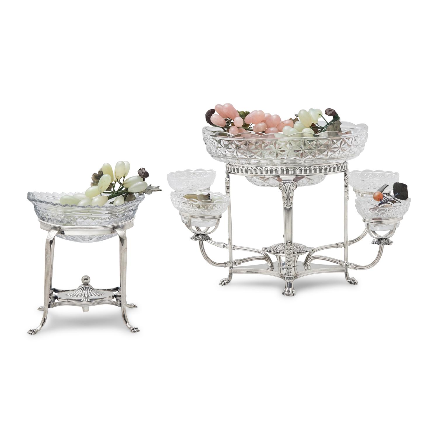 Two George III Silver-Plate and Waterford Cut Glass Epergnes