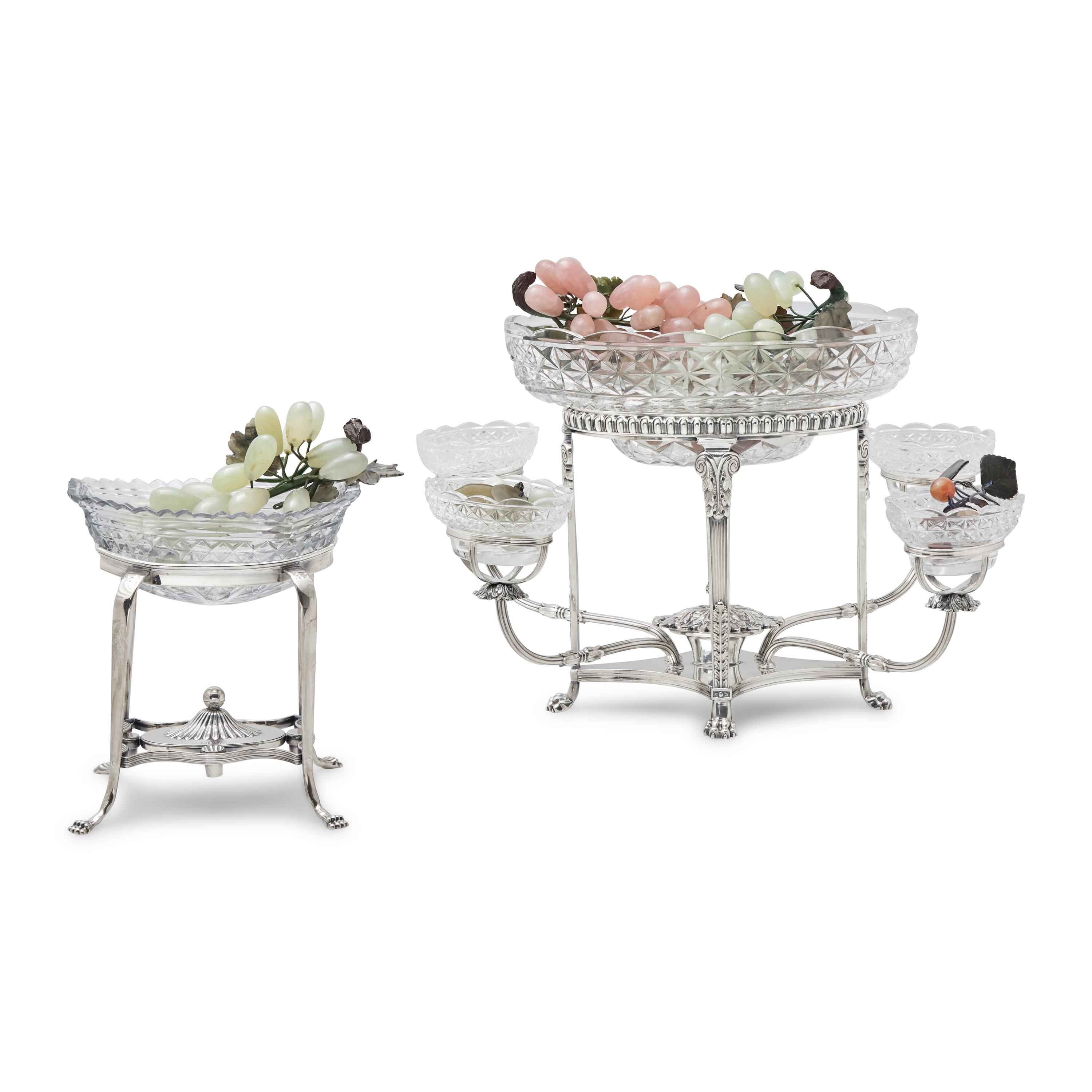 Two George III Silver-Plate and Waterford Cut Glass Epergnes