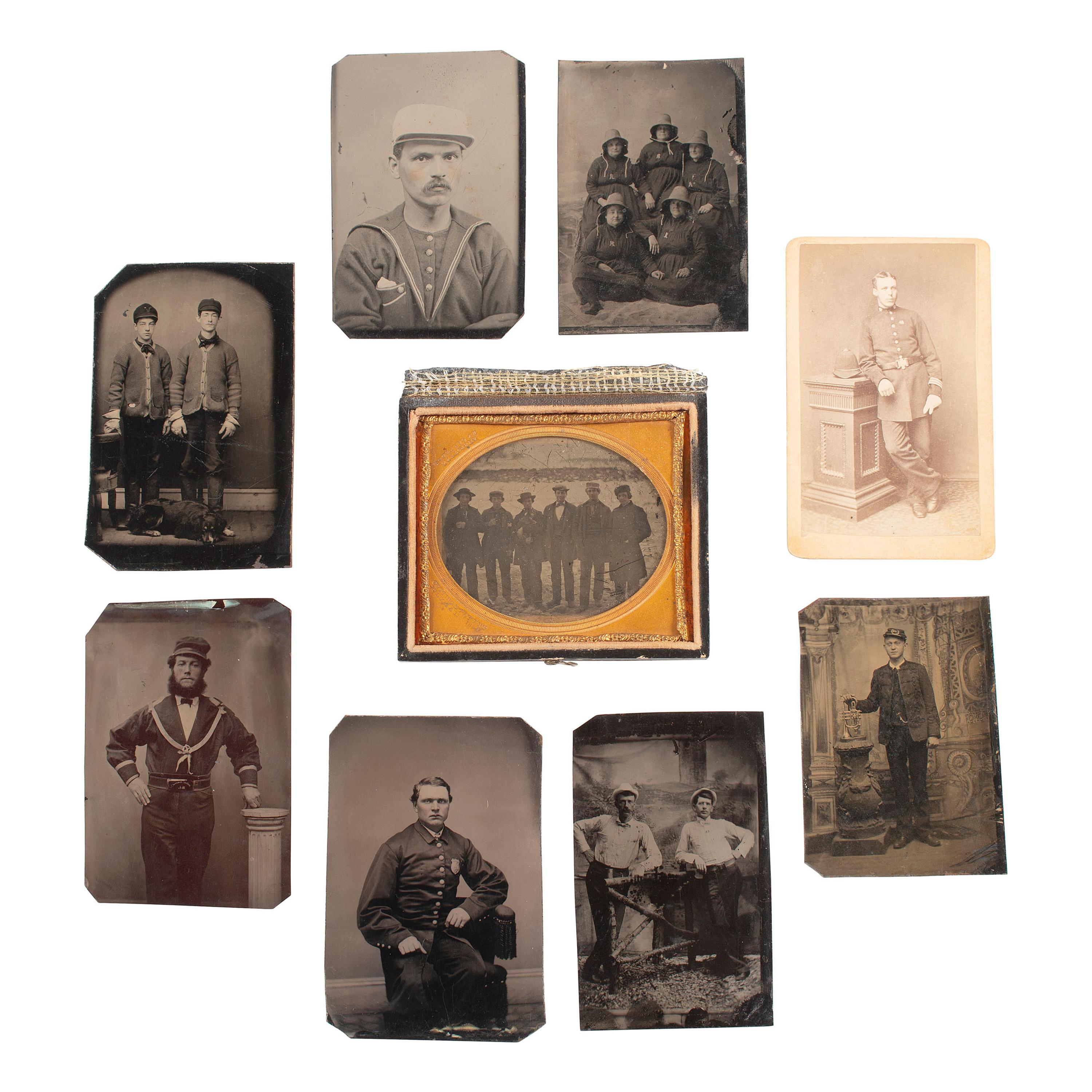 [Early Photography]. Group of 10 occupational subjects depicted in tintypes, ambrotypes, and CDVs, including police