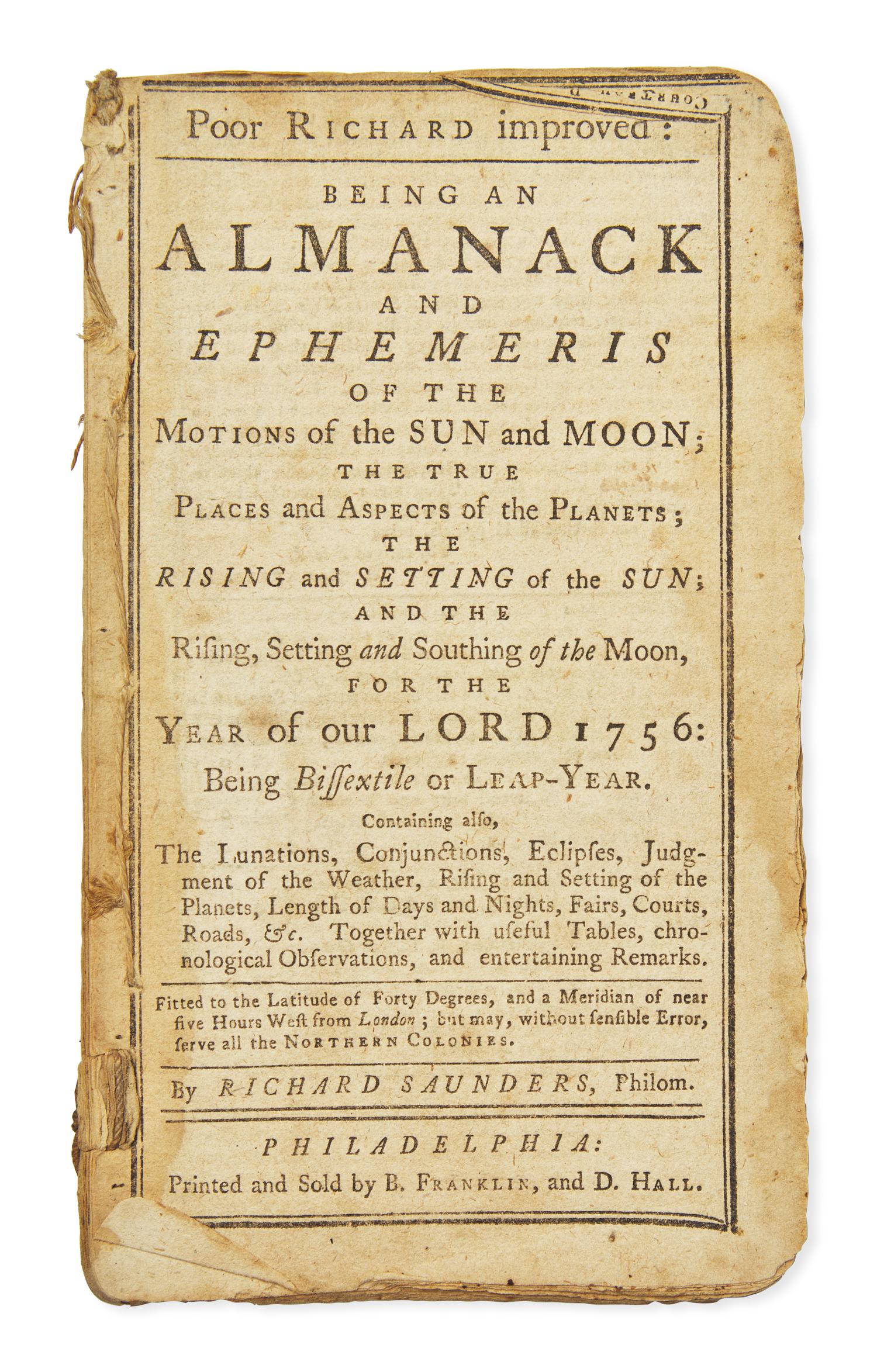 [Franklin, Benjamin] Saunders, Richard. Poor Richard improved: Being an Almanack and Ephemeris...For the Year of our Lord 1756...