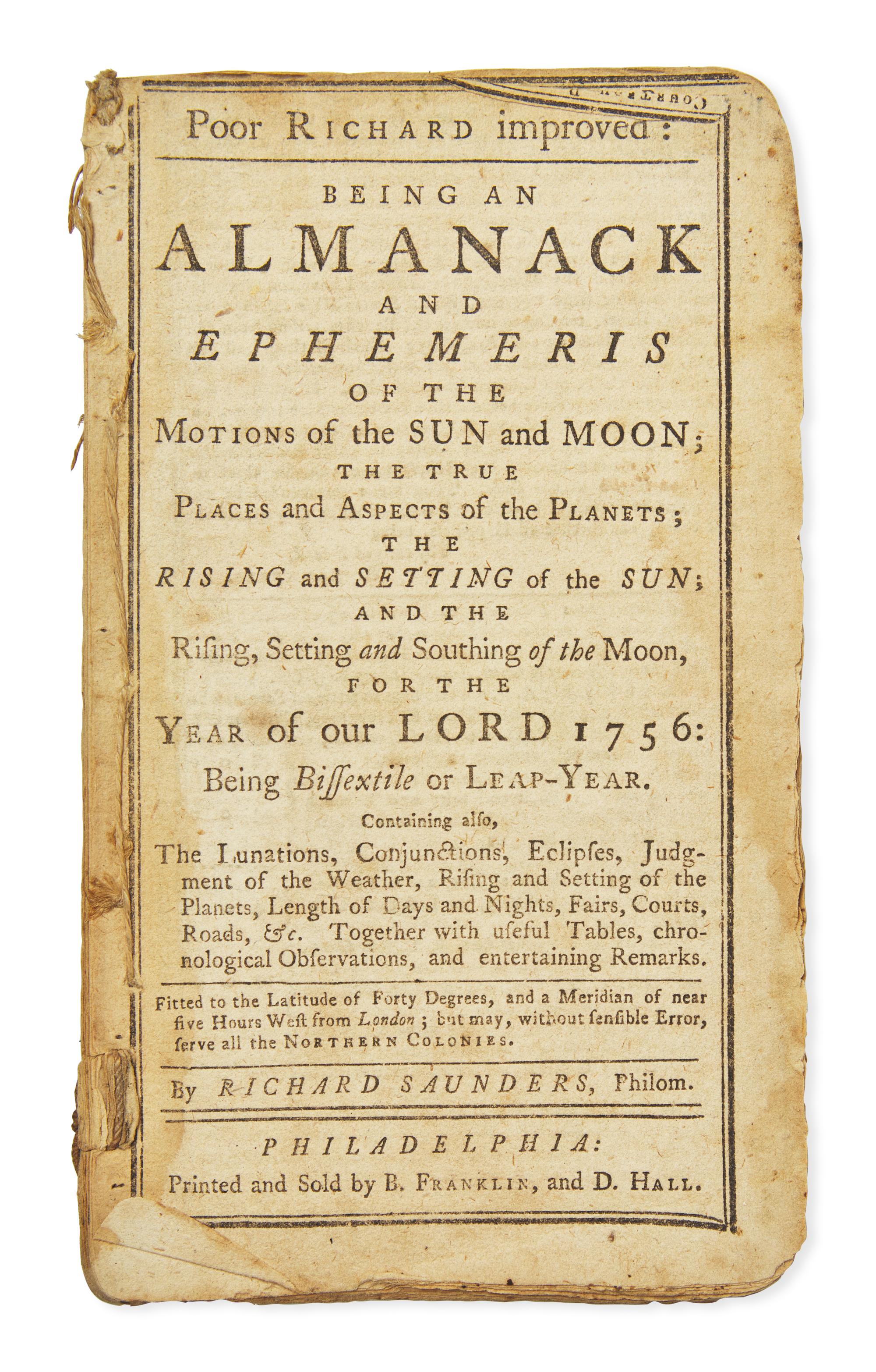 [Franklin, Benjamin] Saunders, Richard. Poor Richard improved: Being an Almanack and Ephemeris...For the Year of our Lord 1756...