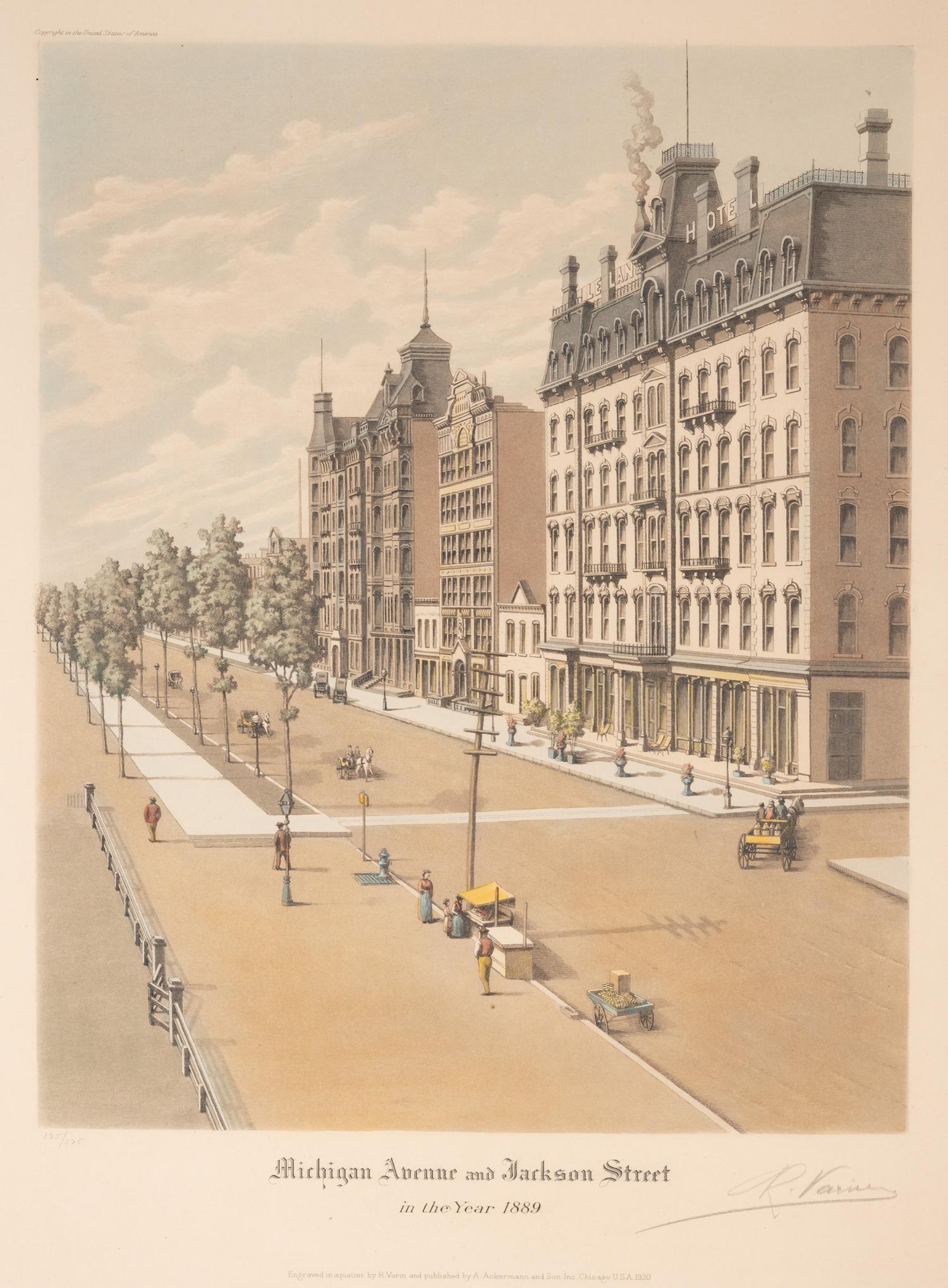 A group of 4 aquatint prints of Chicago by A. Ackermann and Son, Inc., comprising: