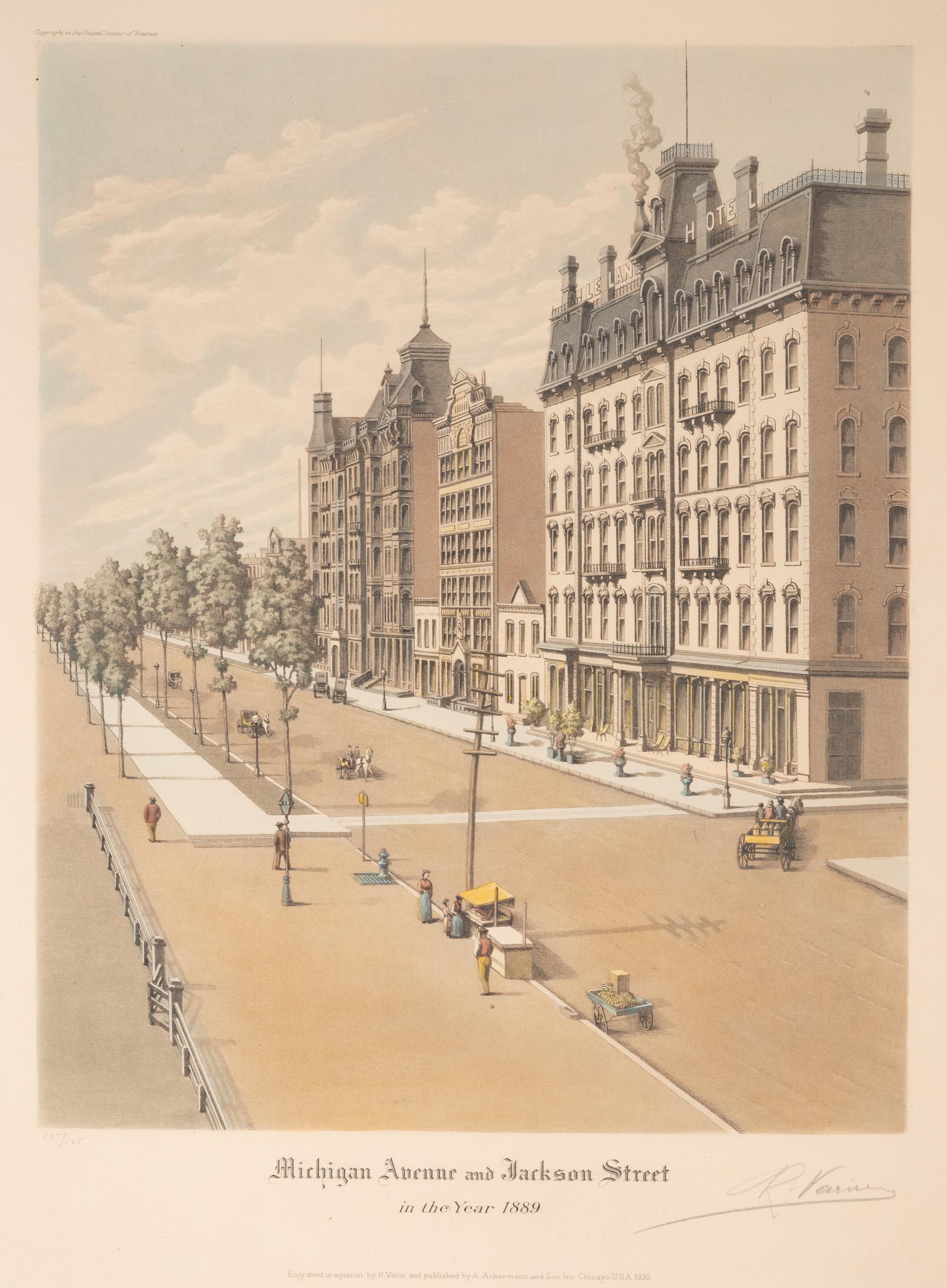 A group of 4 aquatint prints of Chicago by A. Ackermann and Son, Inc., comprising: