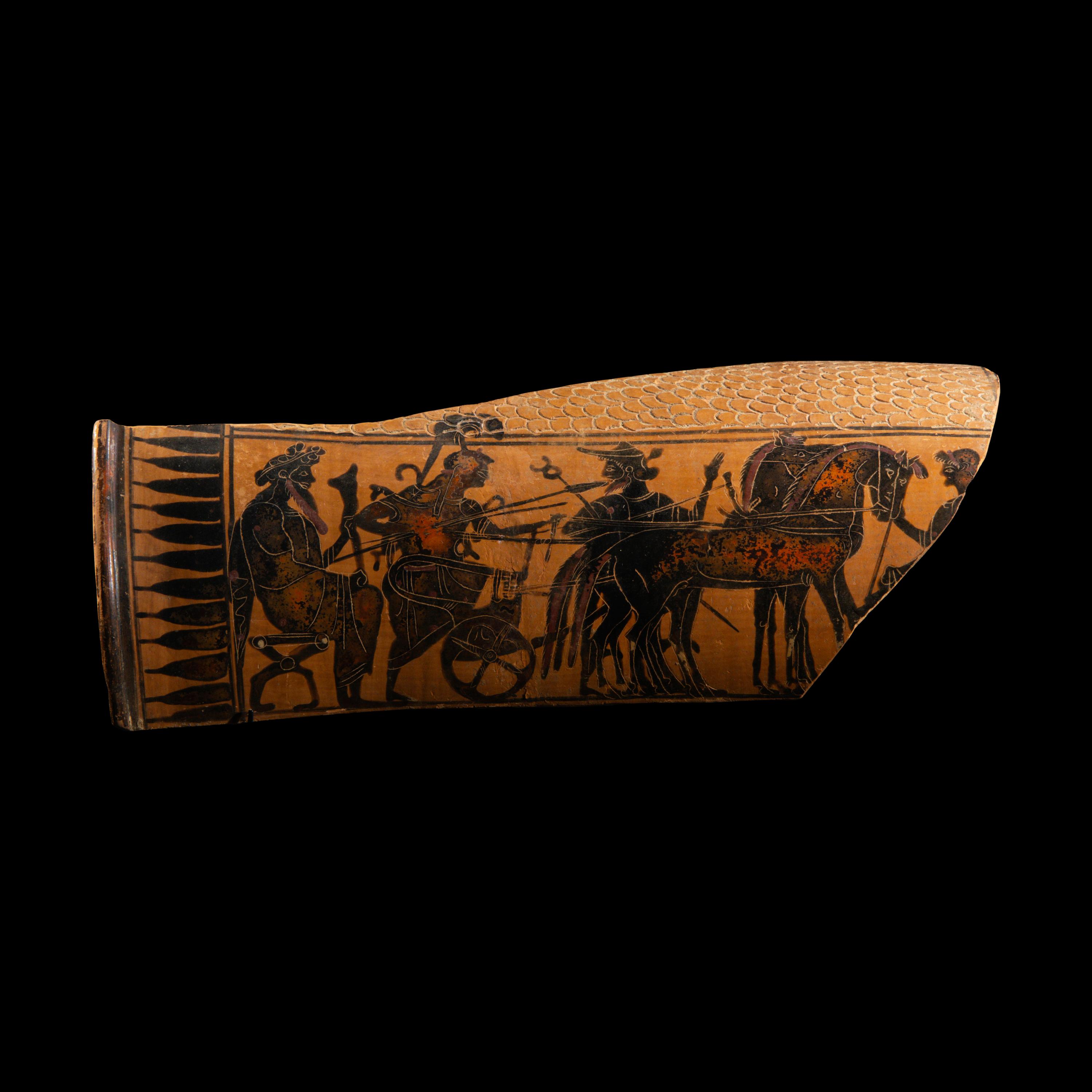 An Attic Black-Figured Epinetron Fragment with Dionysus, Athena, and Hermes