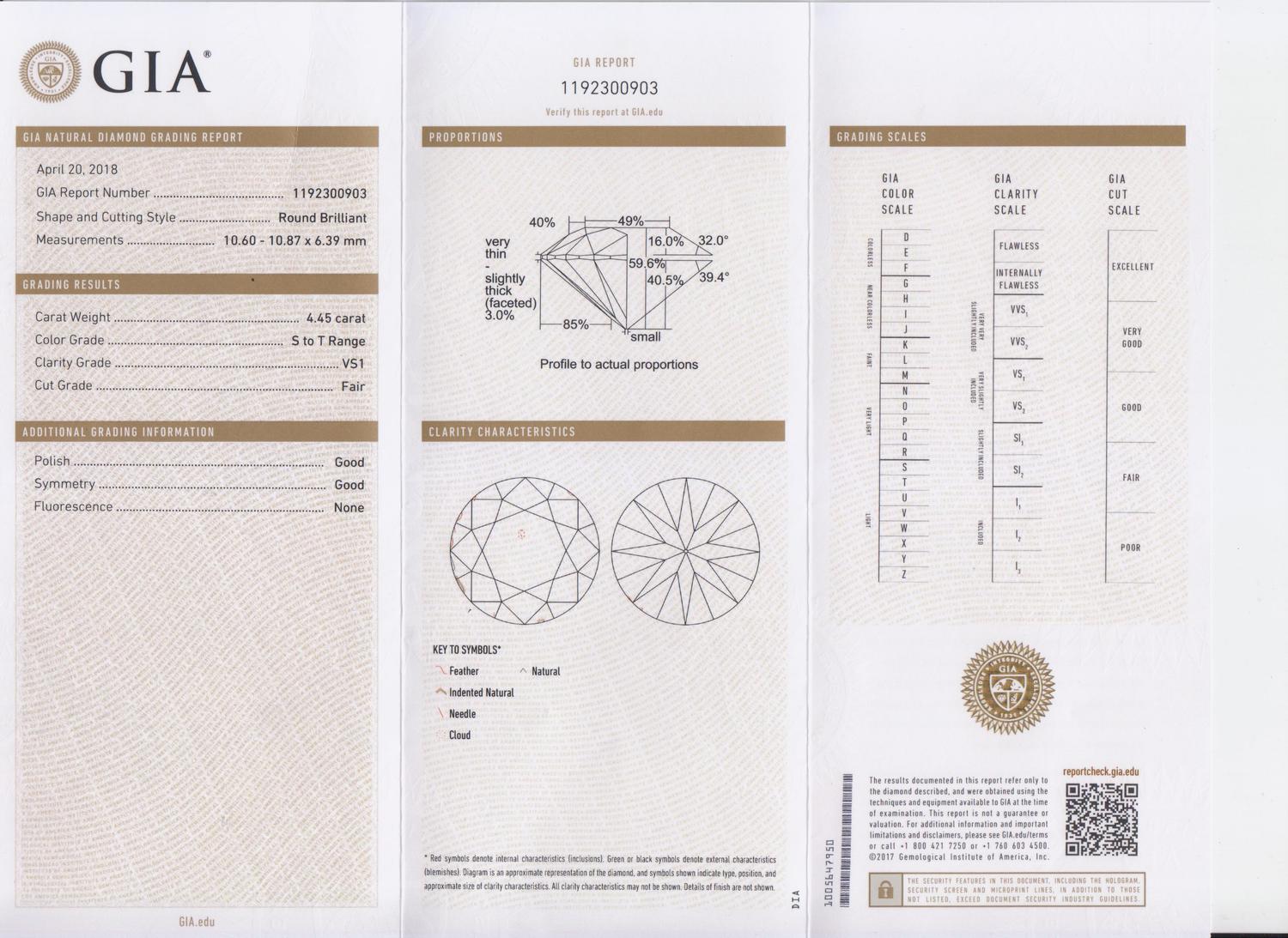 A 4.45 Carat Round Brilliant Cut Diamond,