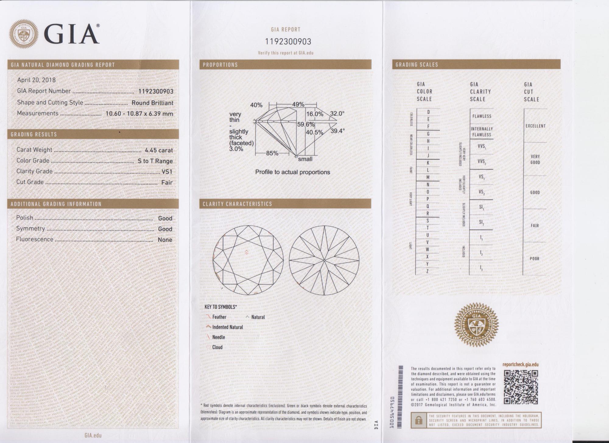A 4.45 Carat Round Brilliant Cut Diamond,