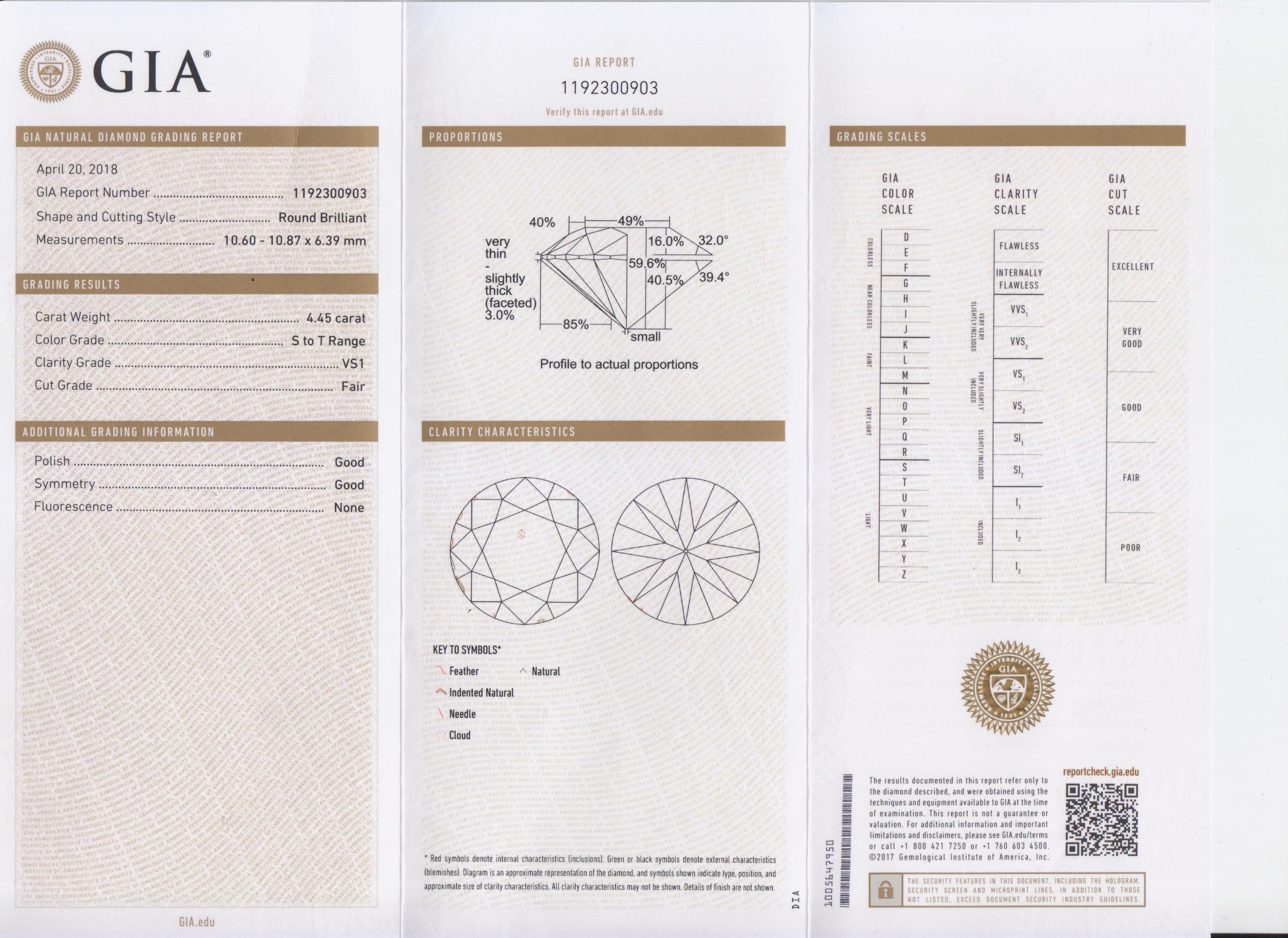 A 4.45 Carat Round Brilliant Cut Diamond,