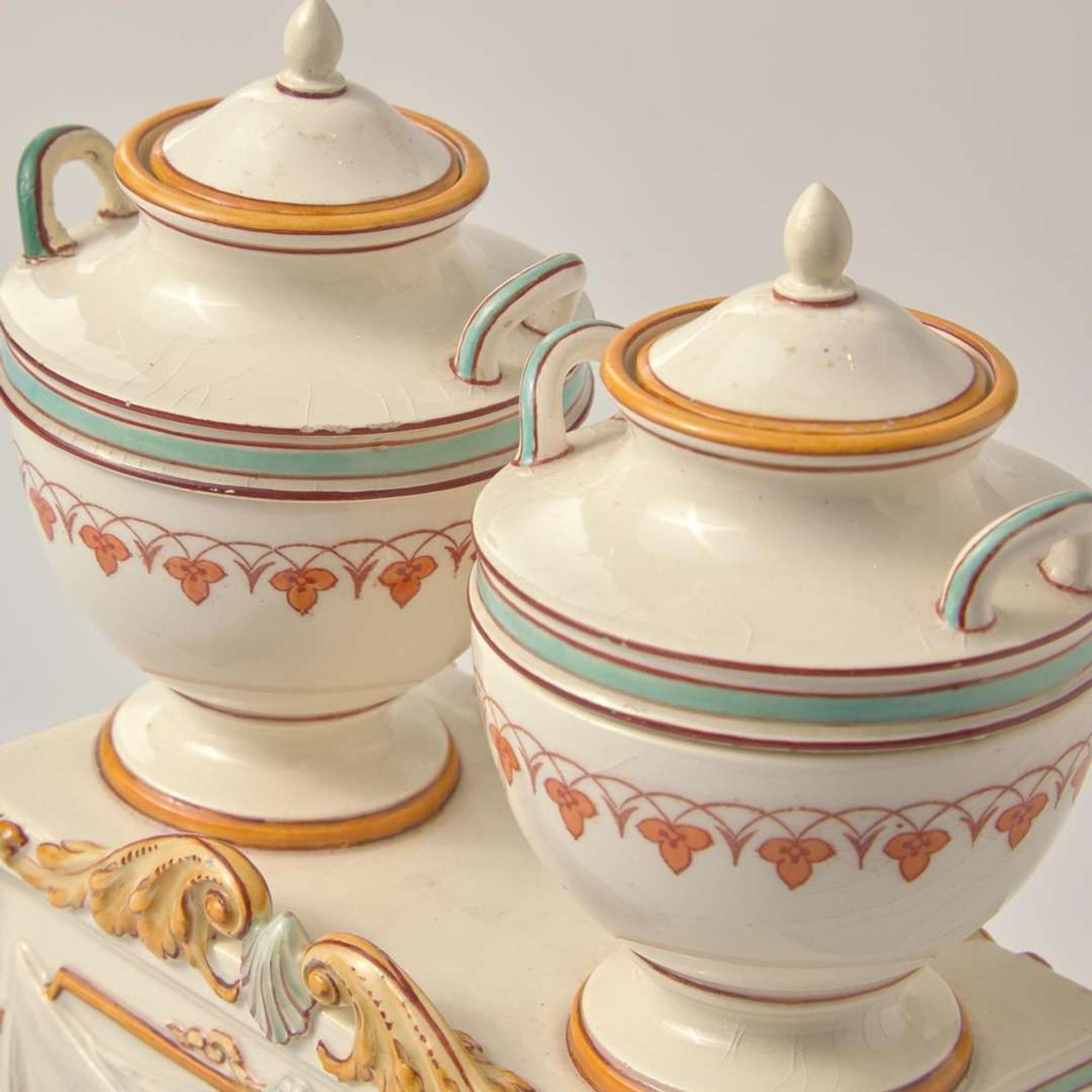 A Wedgwood Emile Lessore (1805-1876) Decorated Queensware Double Urn Form Inkwell, UK, circa 1865