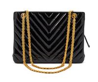 A Chanel Black Patent Leather Chevron Quilted Bag, 11 x 8 x 3 inches.