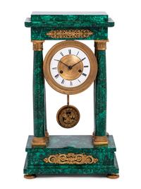 A Continental Gilt Bronze Mounted Malachite Veneered Portico Clock