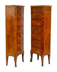 A Pair of Louis XVI Style Parquetry Marble Top Semaniers — 19TH CENTURY