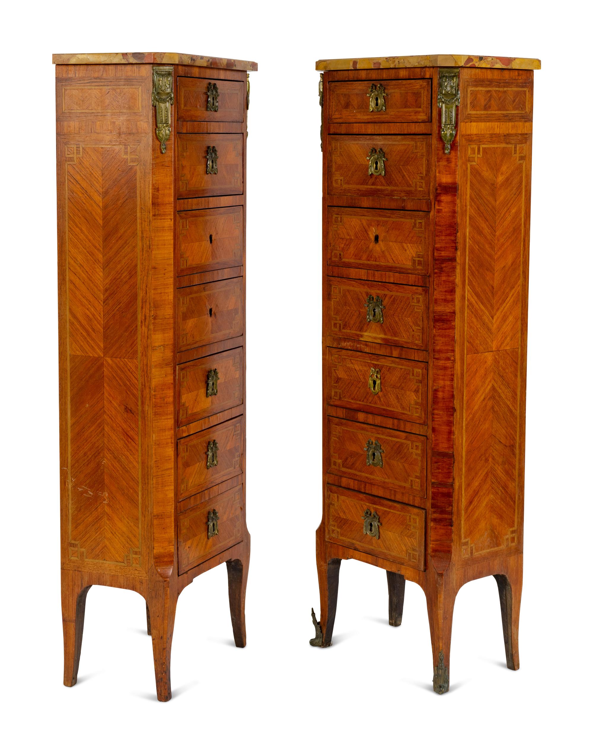 A Pair of Louis XVI Style Parquetry Marble Top Semaniers — 19TH CENTURY
