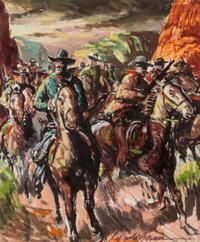 Reynold Brown, (American, 1917-1991), Cowboys in Canyon