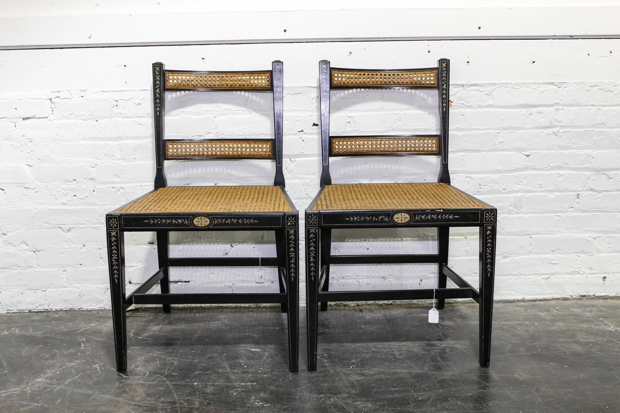 A Pair of Ebonized and Painted Caned Chairs Height 32 inches. — EARLY 20TH CENTURY