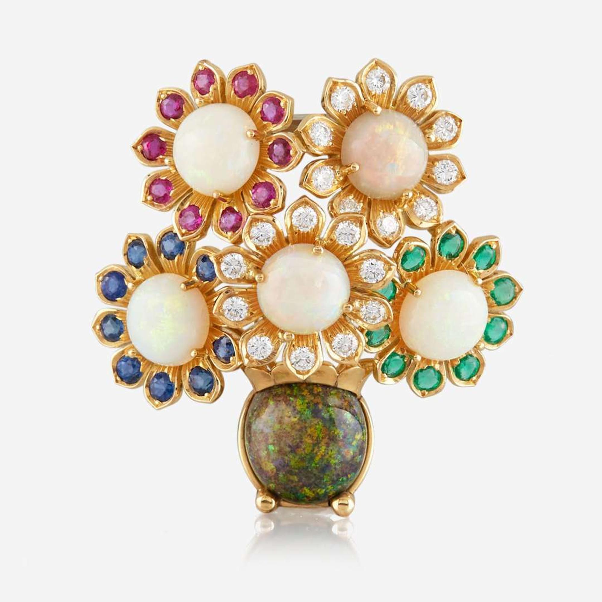 An 18K yellow gold, opal, diamond, emerald, sapphire, and ruby brooch, Julius Hügler Austria