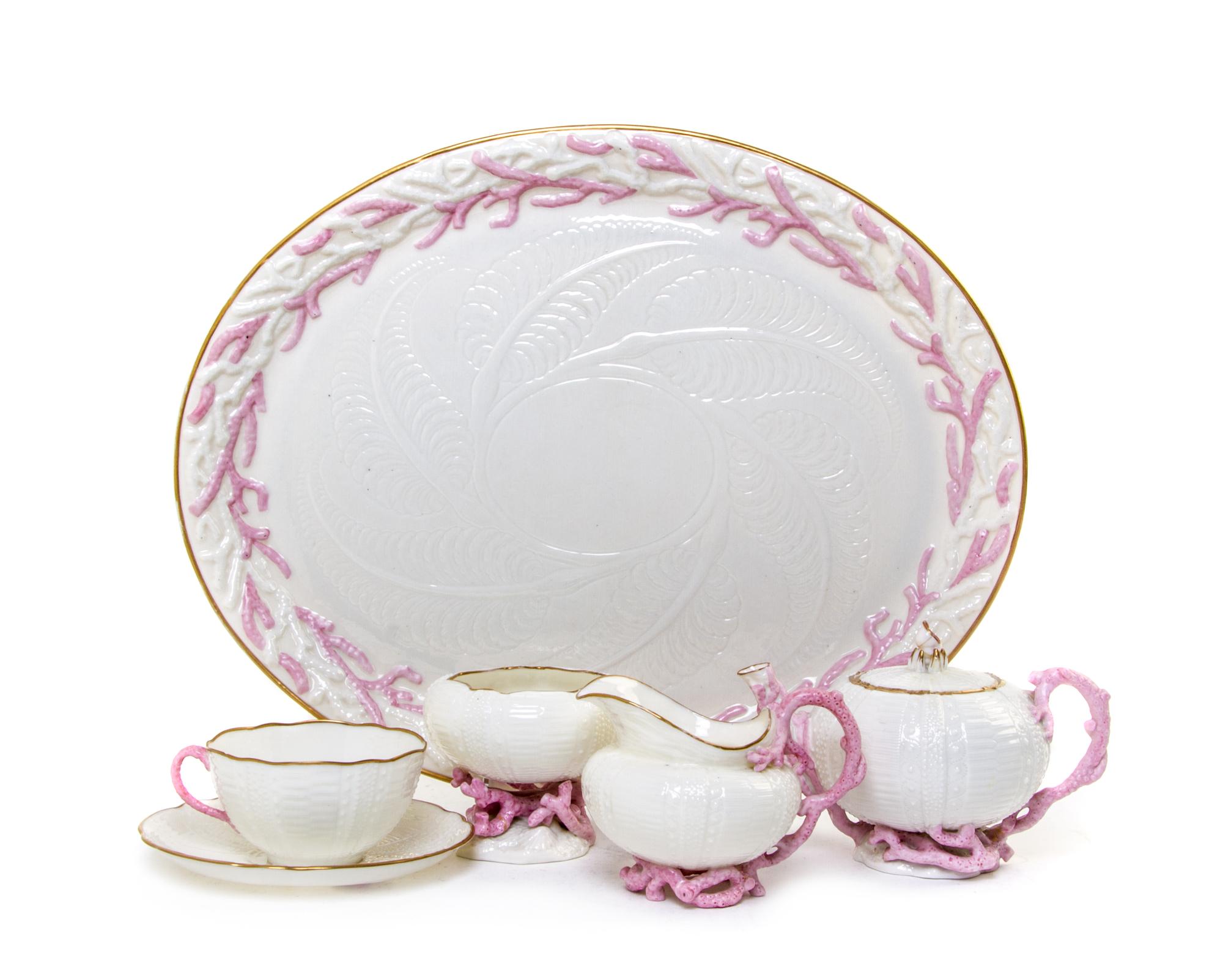 A Belleek Echinus Tea Service, Width of tray 14 3/8 inches.