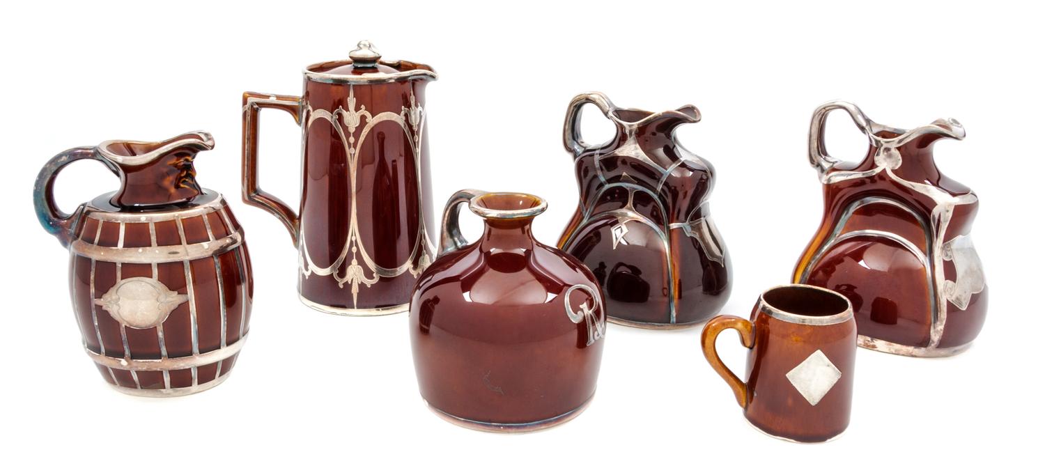 A Collection of Six Lenox Porcelain Silver Overlay Articles Height of first 6 1/8 inches.