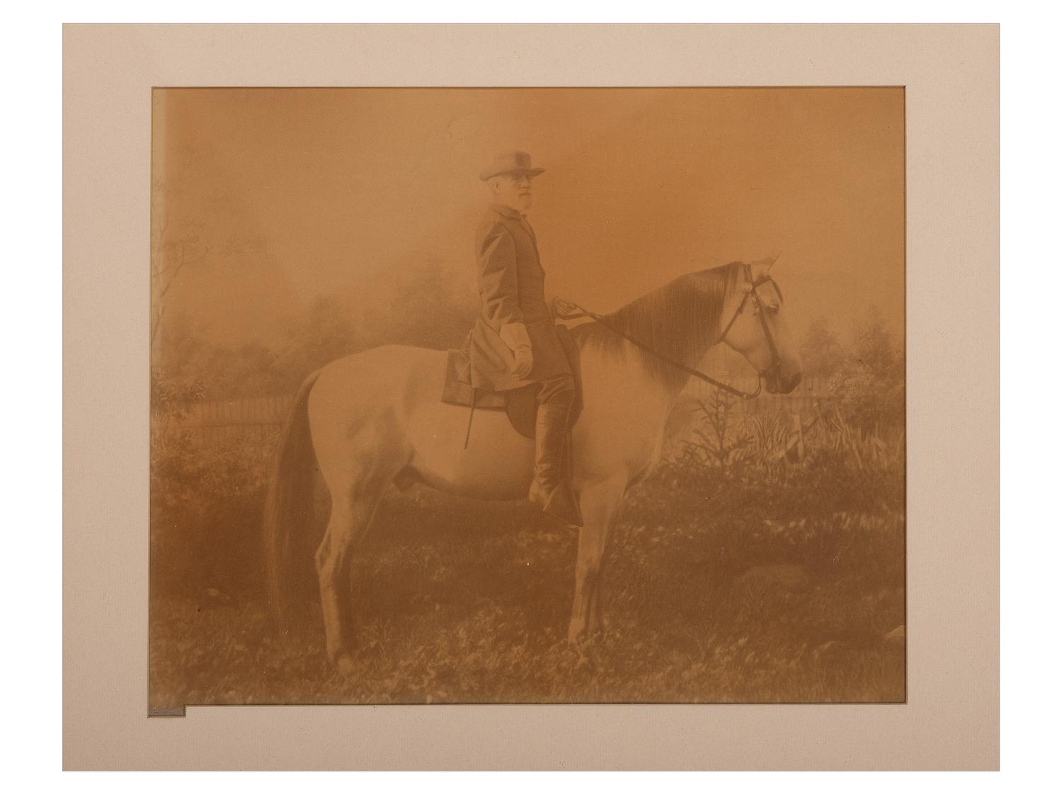 LEE, Robert E. (1807-1870). Oversize albumen photograph of Lee astride Traveller. [Lexington, VA]: Michael Miley, [September 1866].