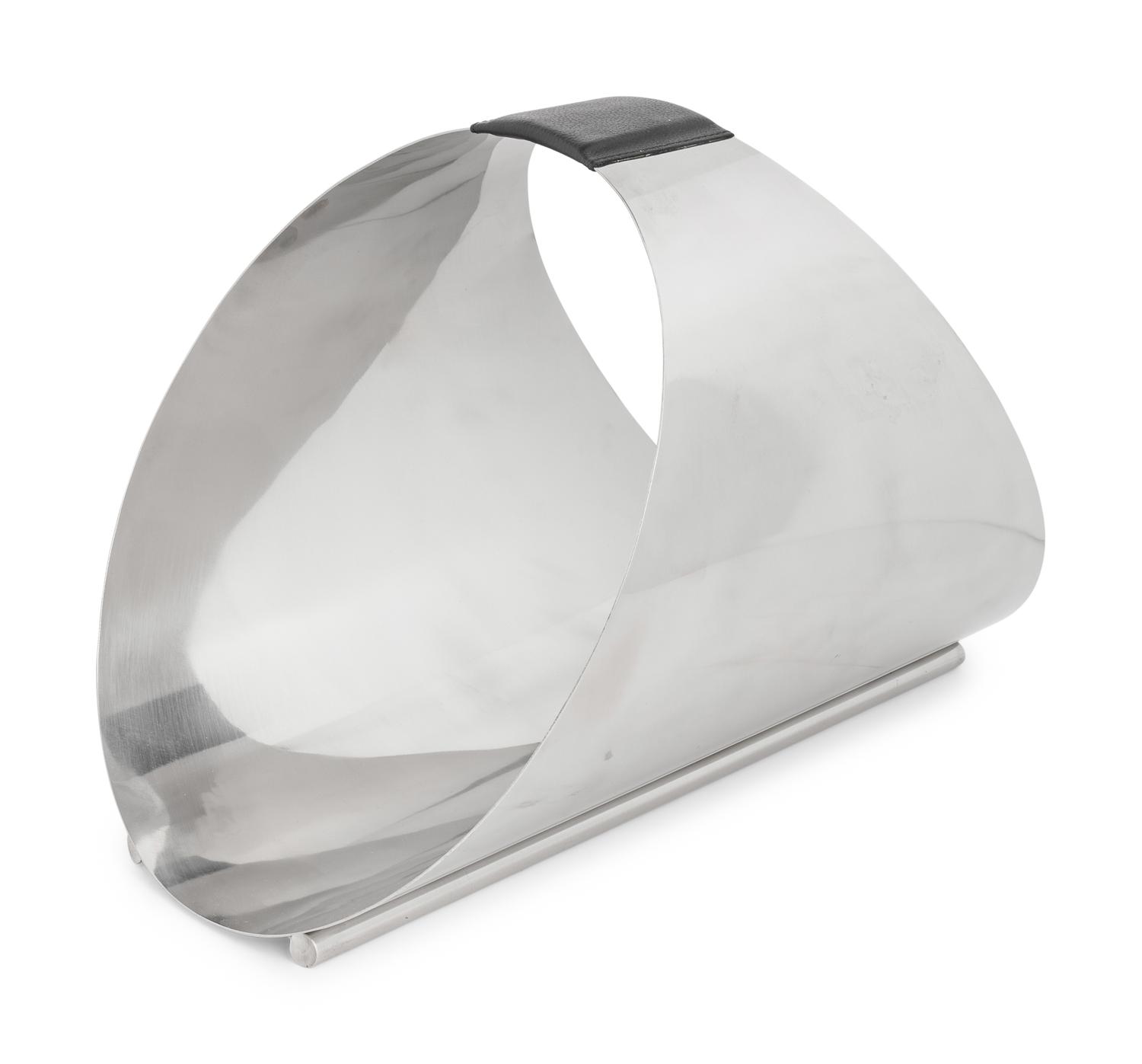 A Contemporary Stainless Steel and Leather Firewood or Magazine Caddy