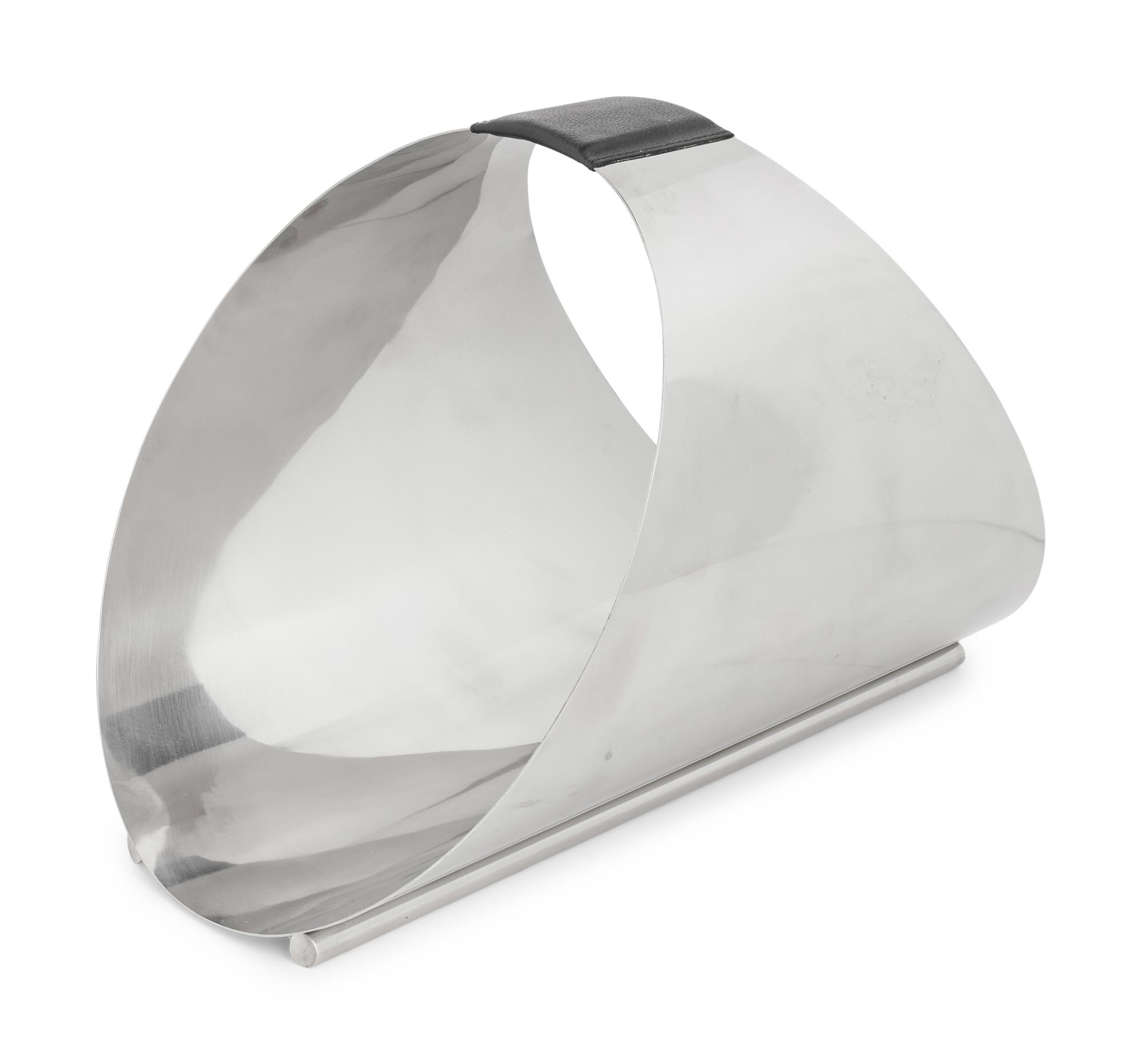 A Contemporary Stainless Steel and Leather Firewood or Magazine Caddy