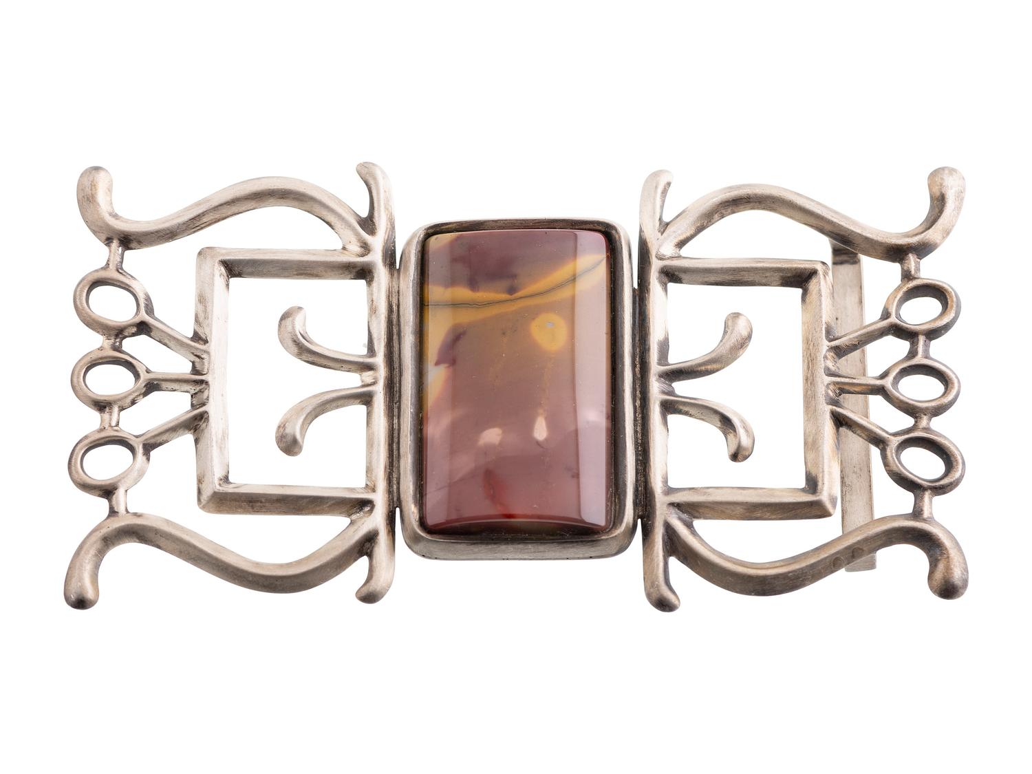 Large Navajo Sandcast Silver and Agate Belt Buckle